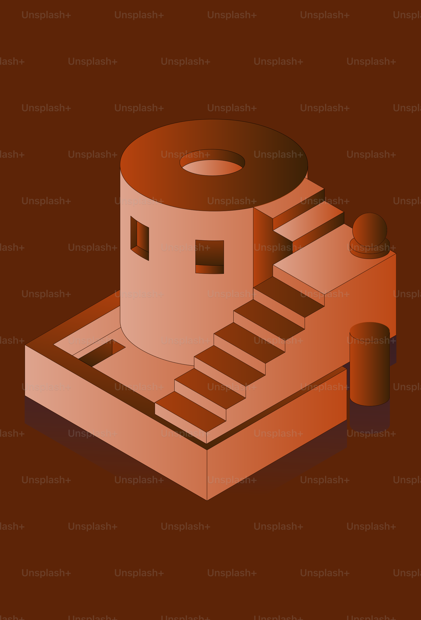 Isometric building with stairs and cylindrical structure.