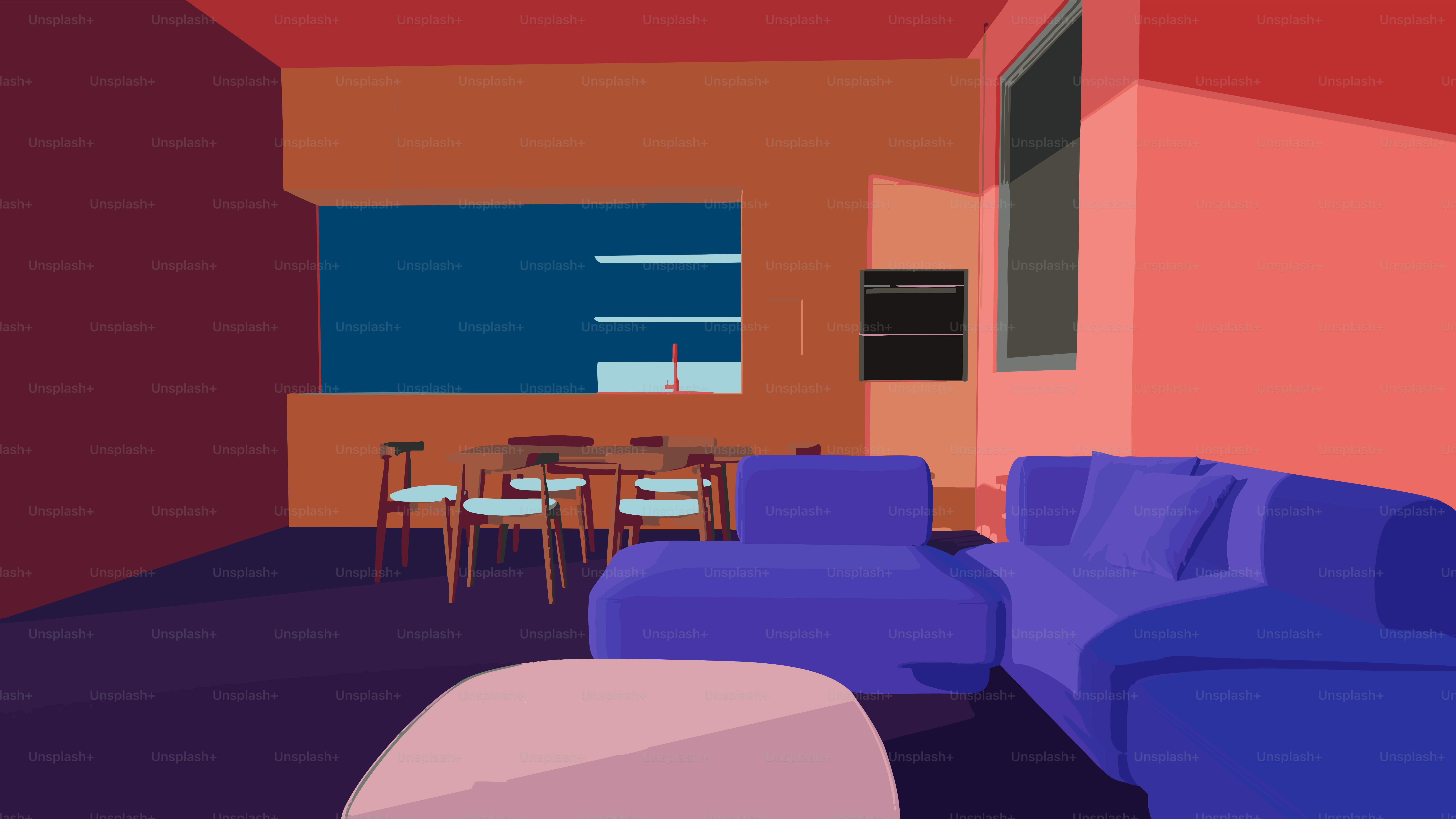 Modern living room with purple sofa and dining area.