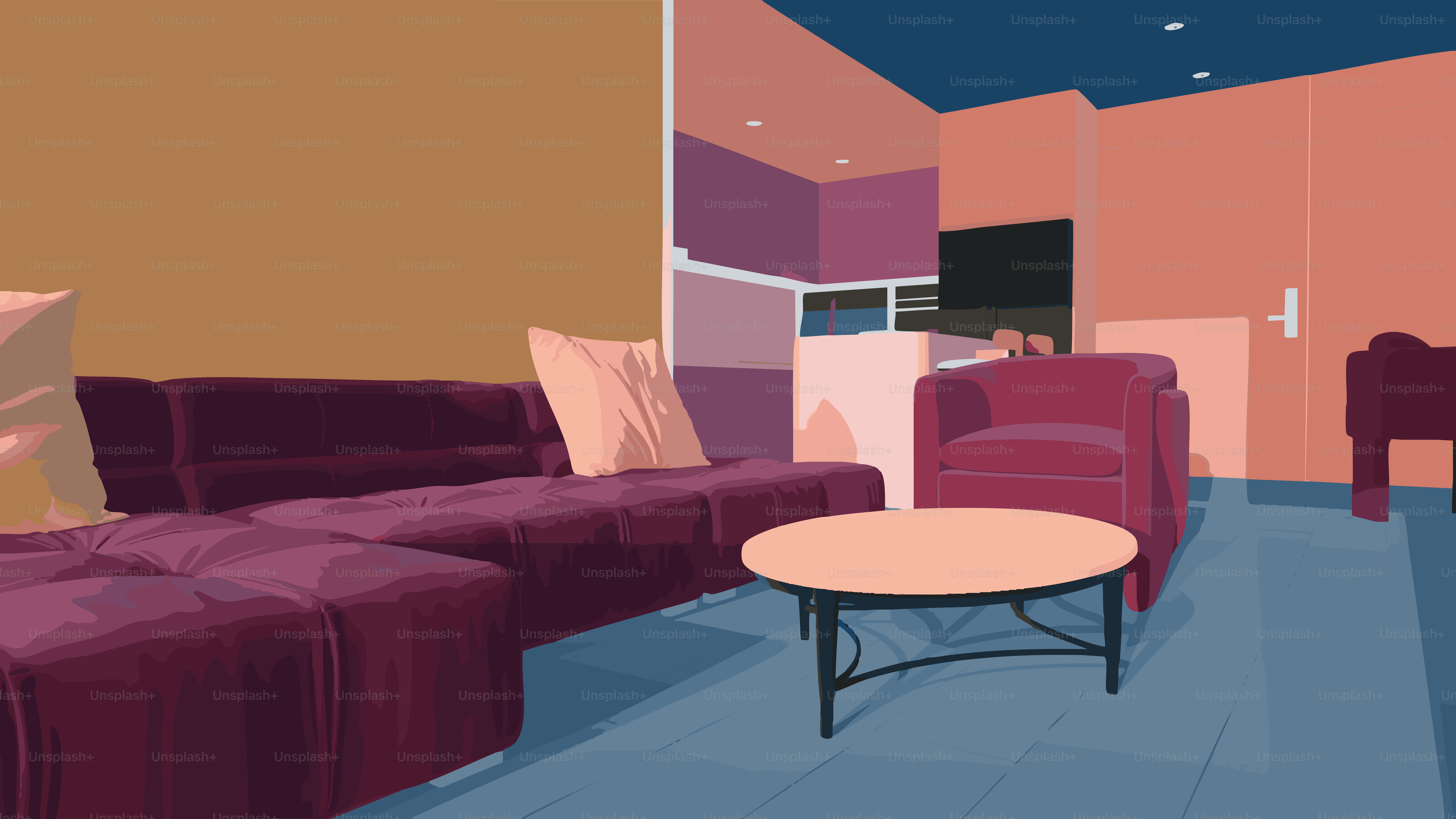 Modern living room with purple sofa and armchair.