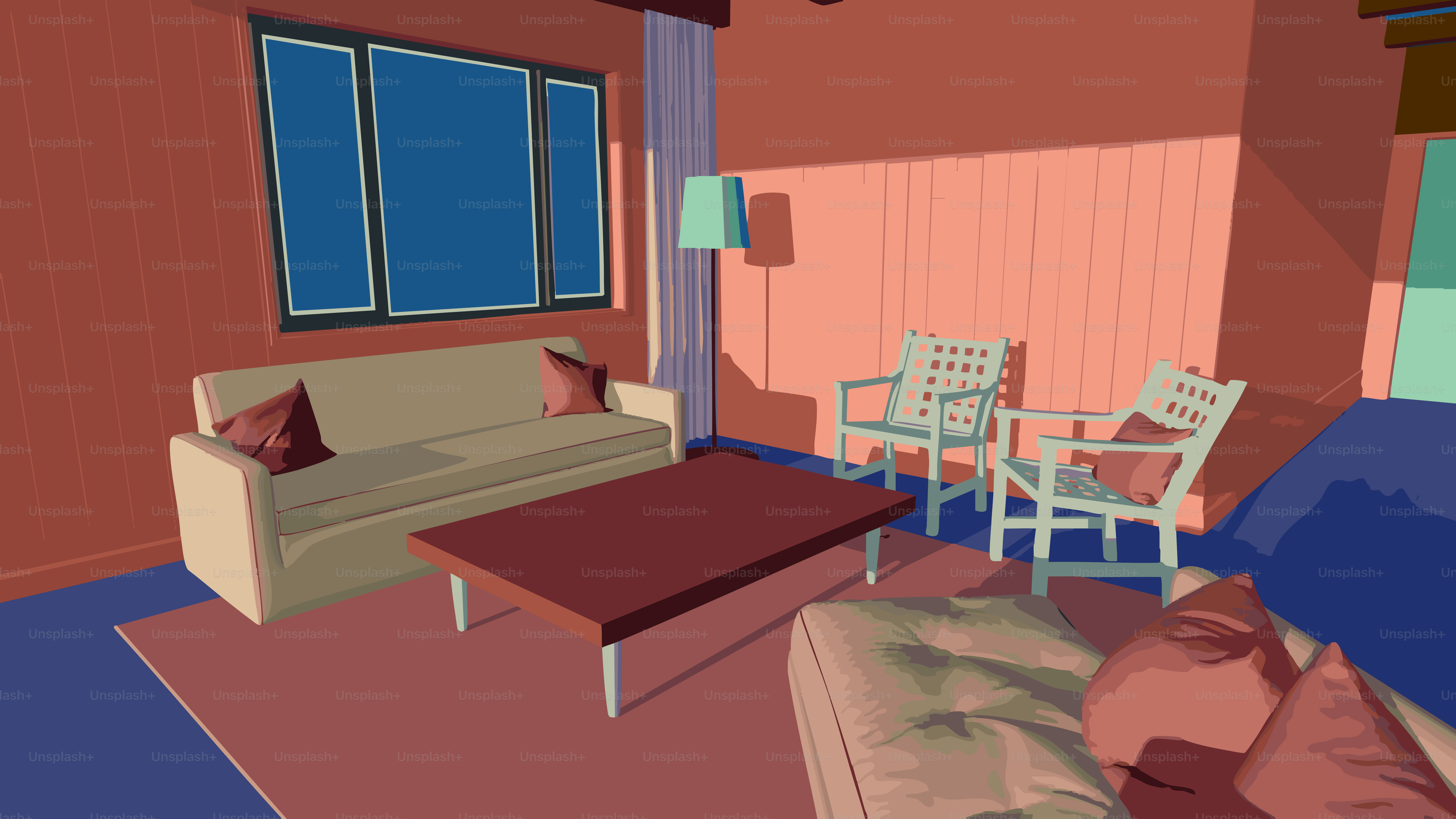 リビングルームにはソファ、椅子、コーヒーテーブルが置かれています。