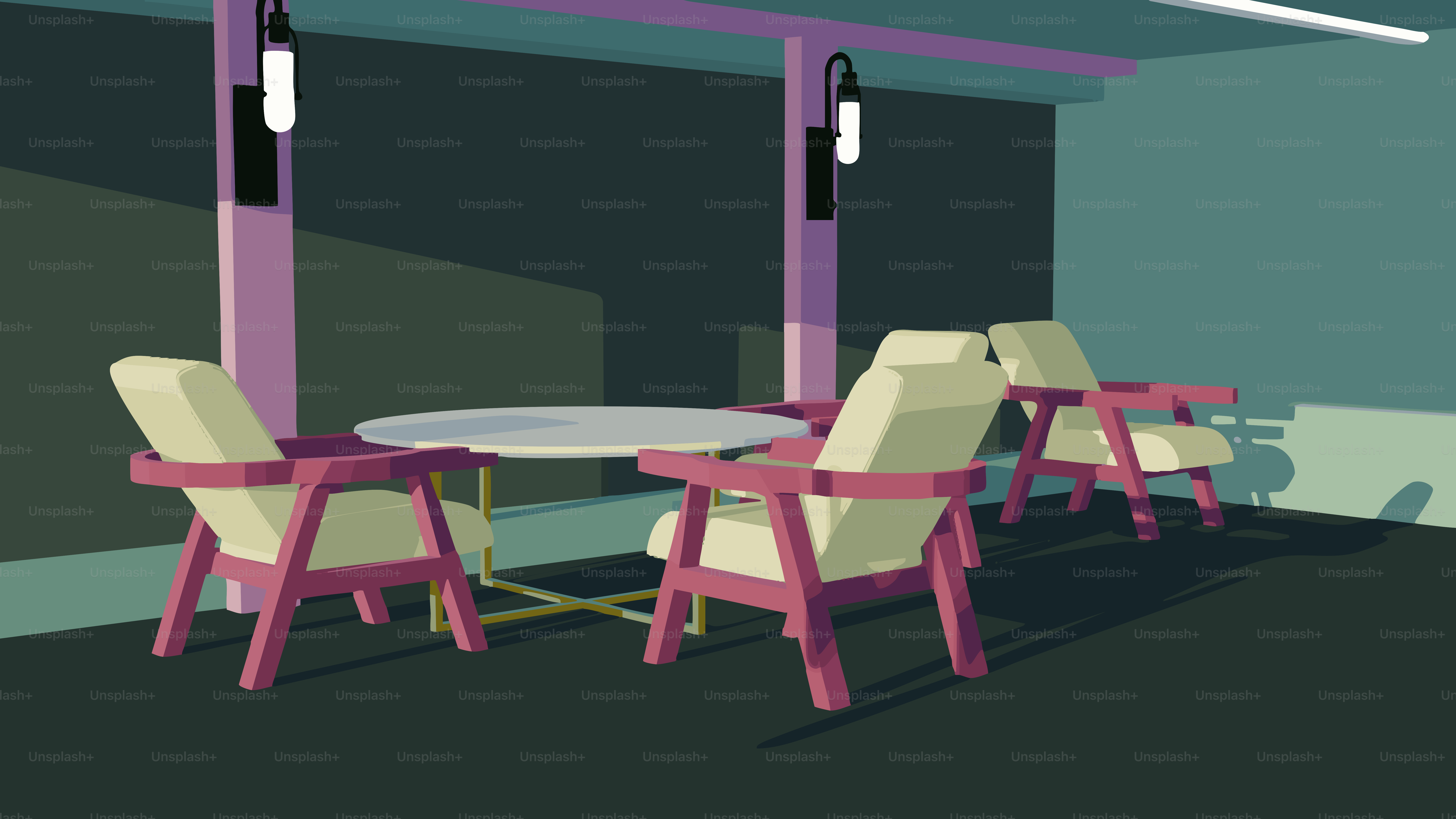 Sedute minimaliste su patio con sedie e tavolo