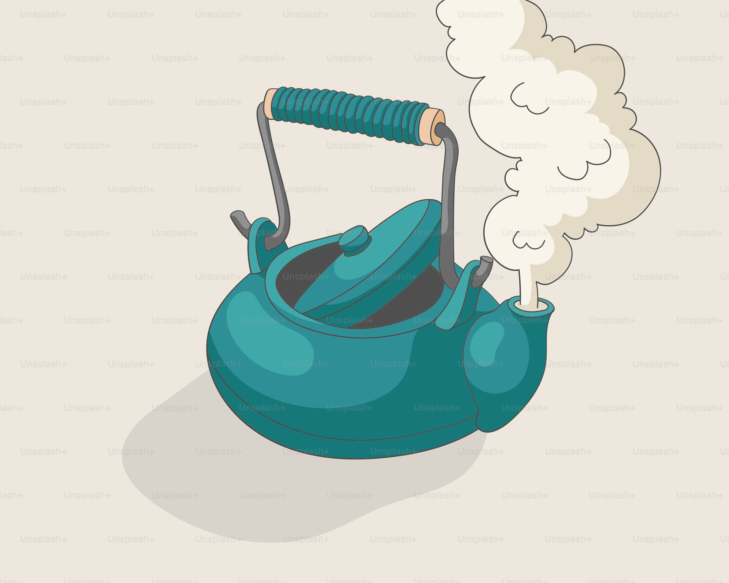A teal teapot steaming with smoke rising