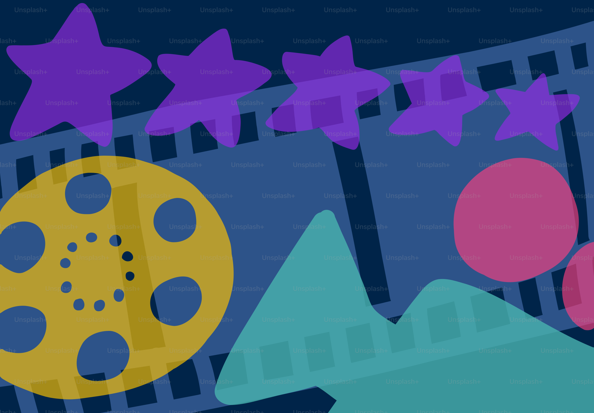 Bobina di pellicola, stelle e forme astratte su sfondo blu