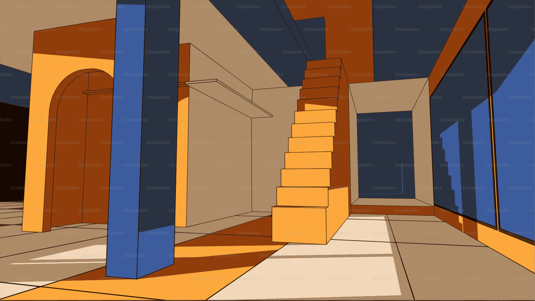 Abstract interior with stairs and geometric shapes