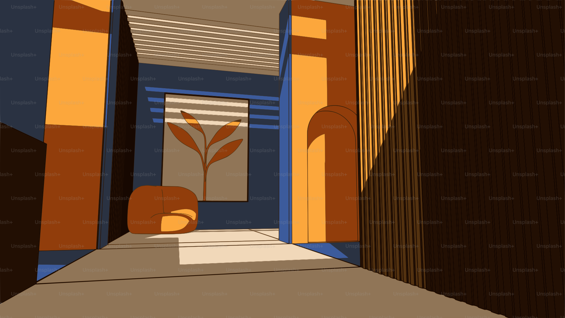 Abstract hallway with geometric shapes and warm light.