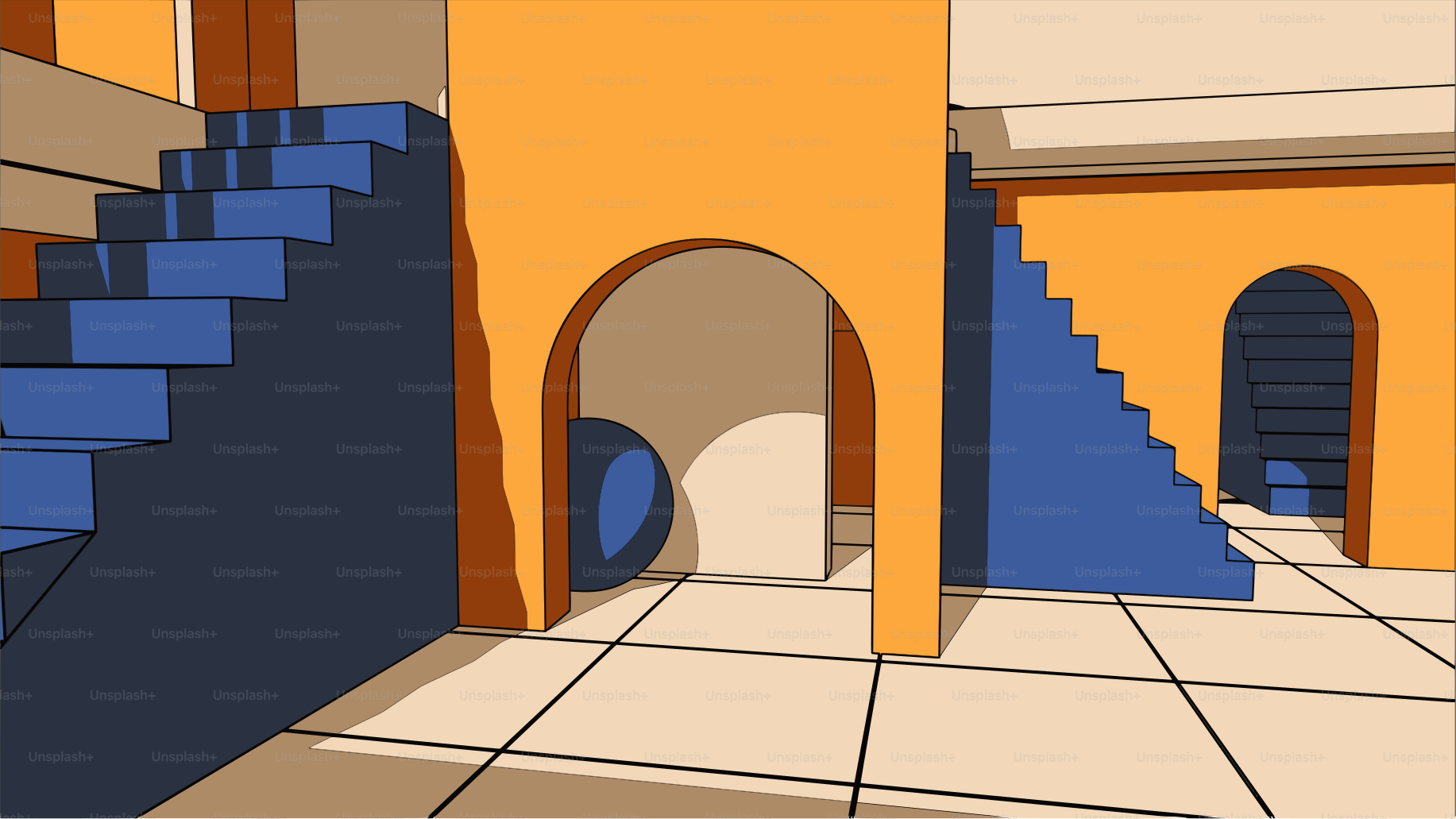 Paredes laranja com escadas azuis e piso de azulejo.