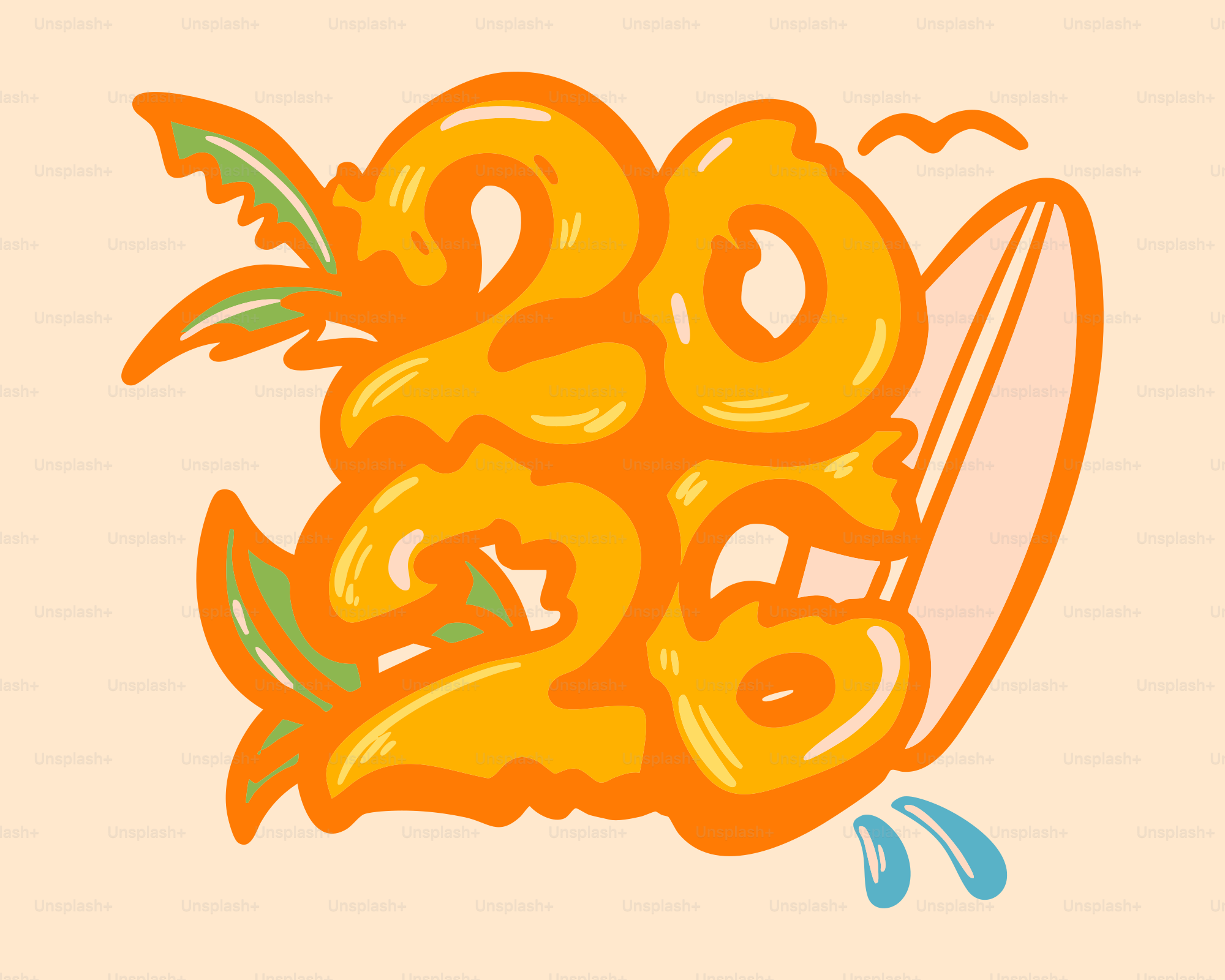 Orange 2026 text with surfboard and palm leaves