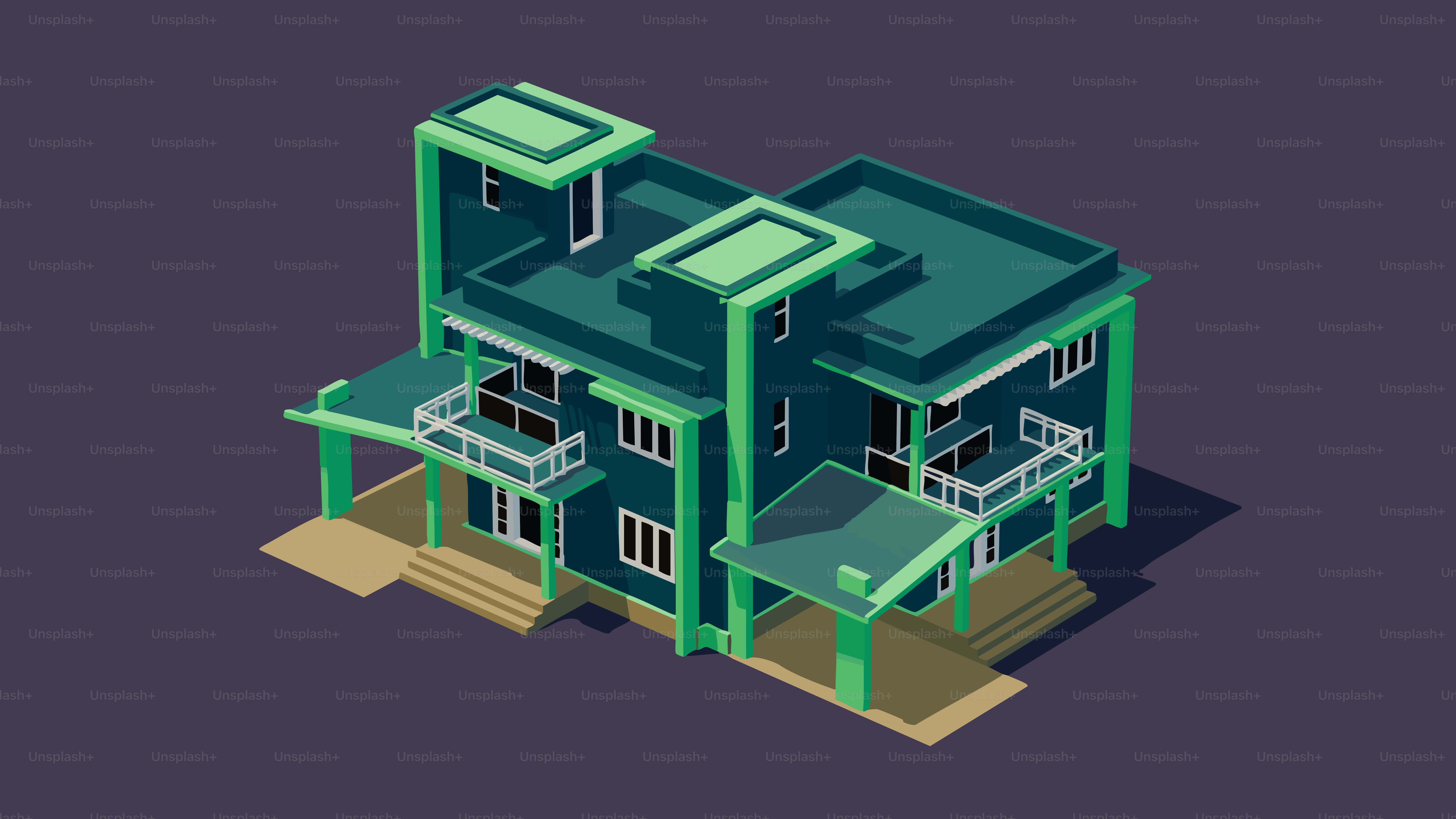 バルコニーと平らな屋根を持つ現代的なティール色の家です。