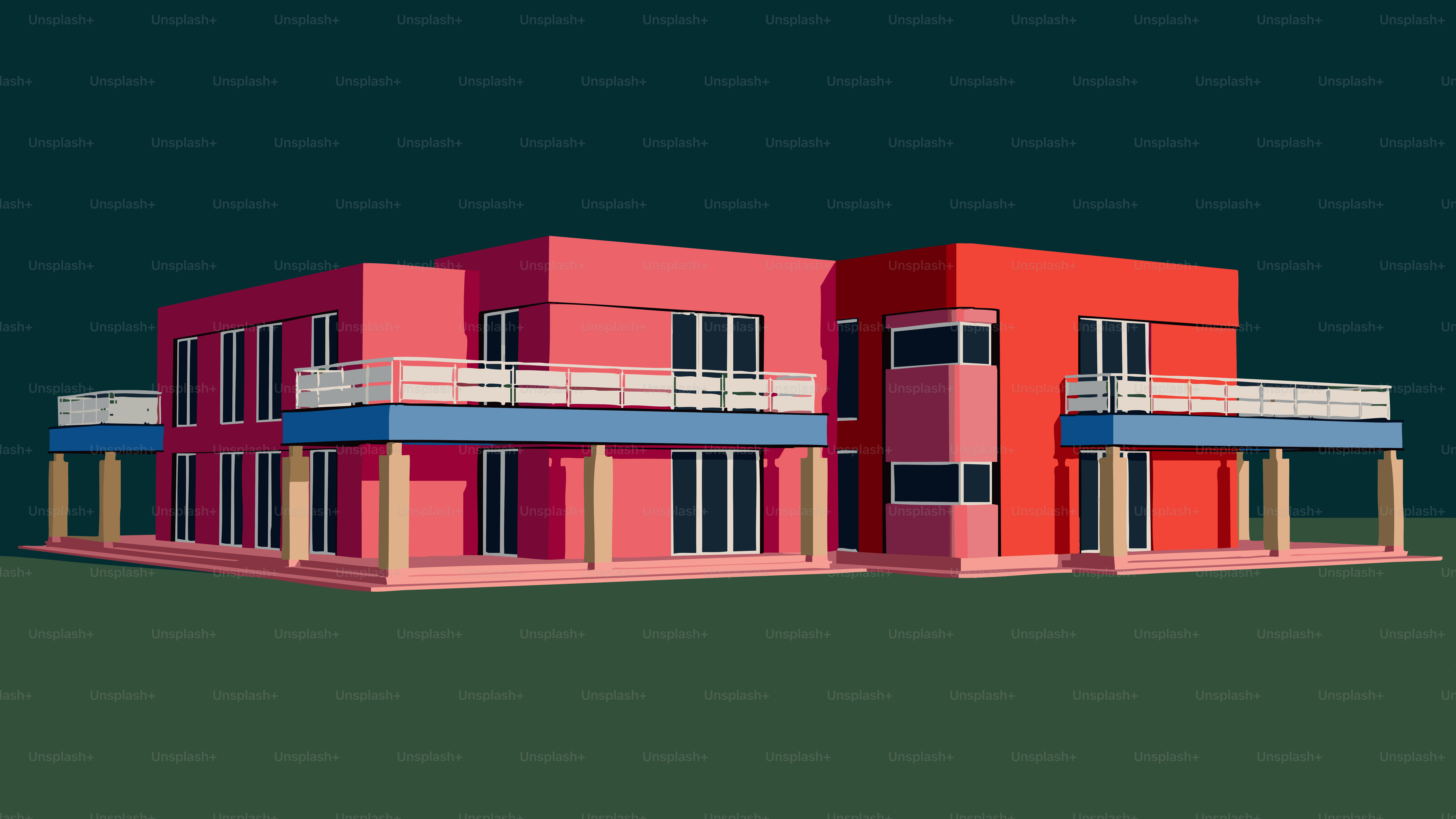 Modern pink and red house with balconies
