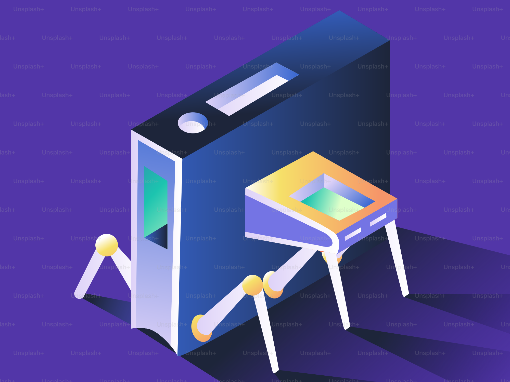 Abstract robot with glowing screen and legs