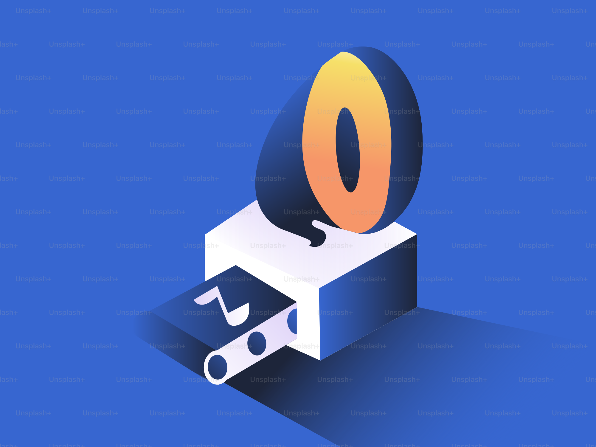 Stylized gramophone on a white block with blue background.