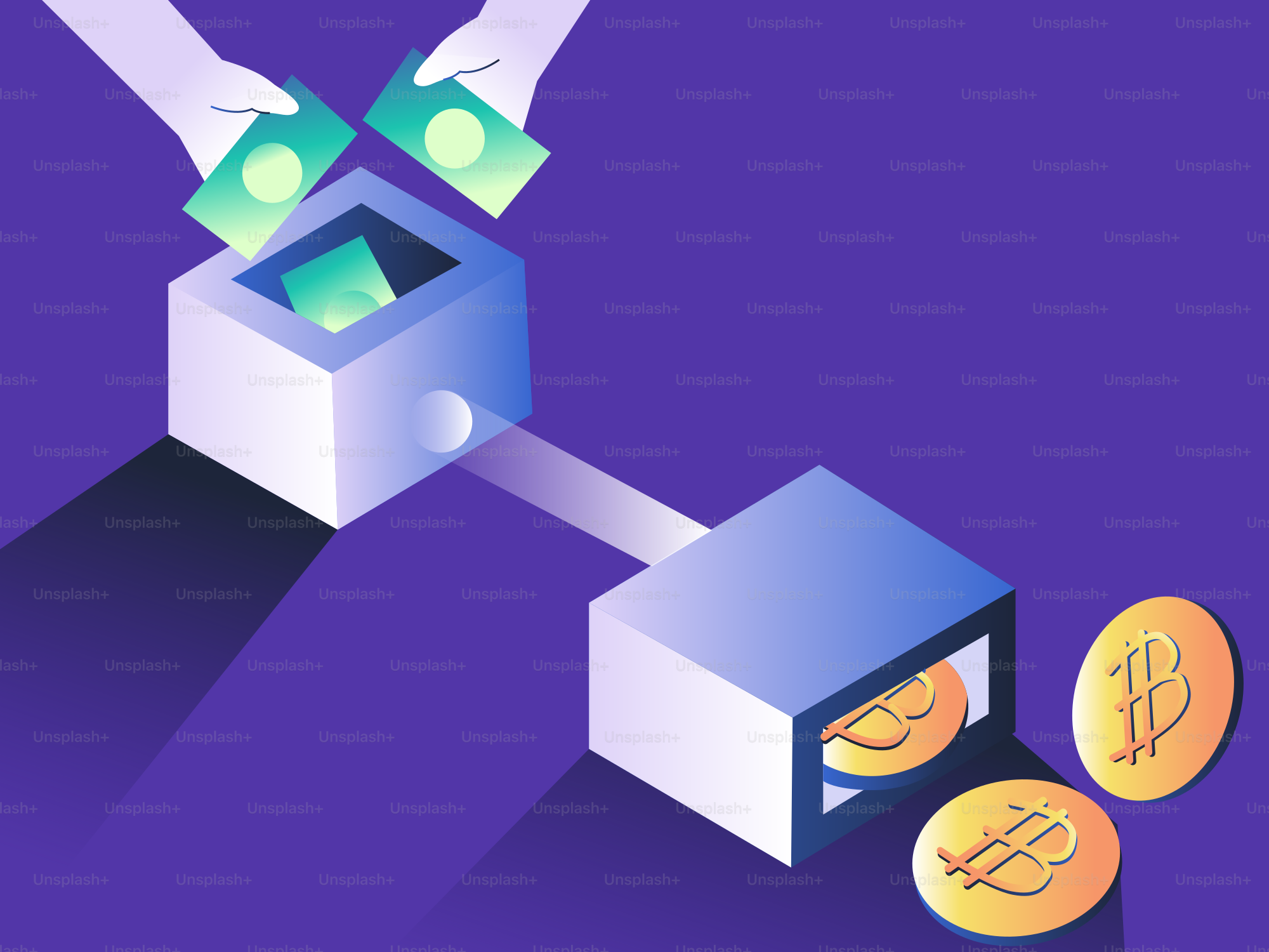 Hands deposit cash into a box, outputting bitcoins.