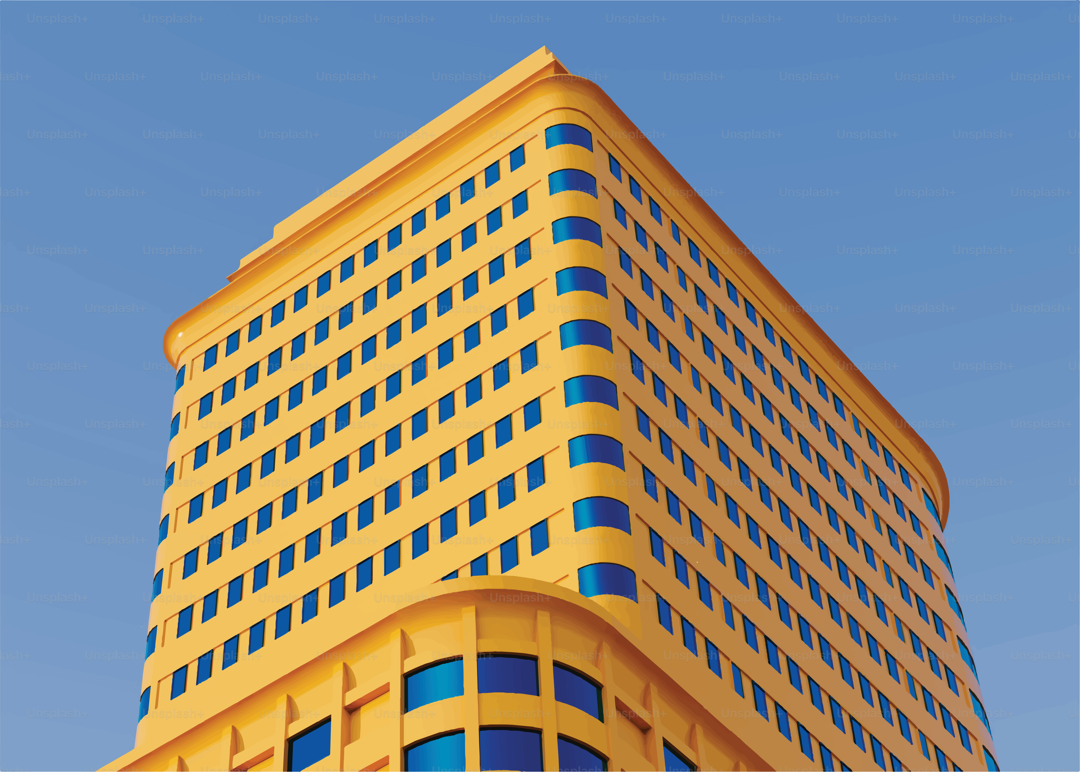 A yellow building with blue windows against sky