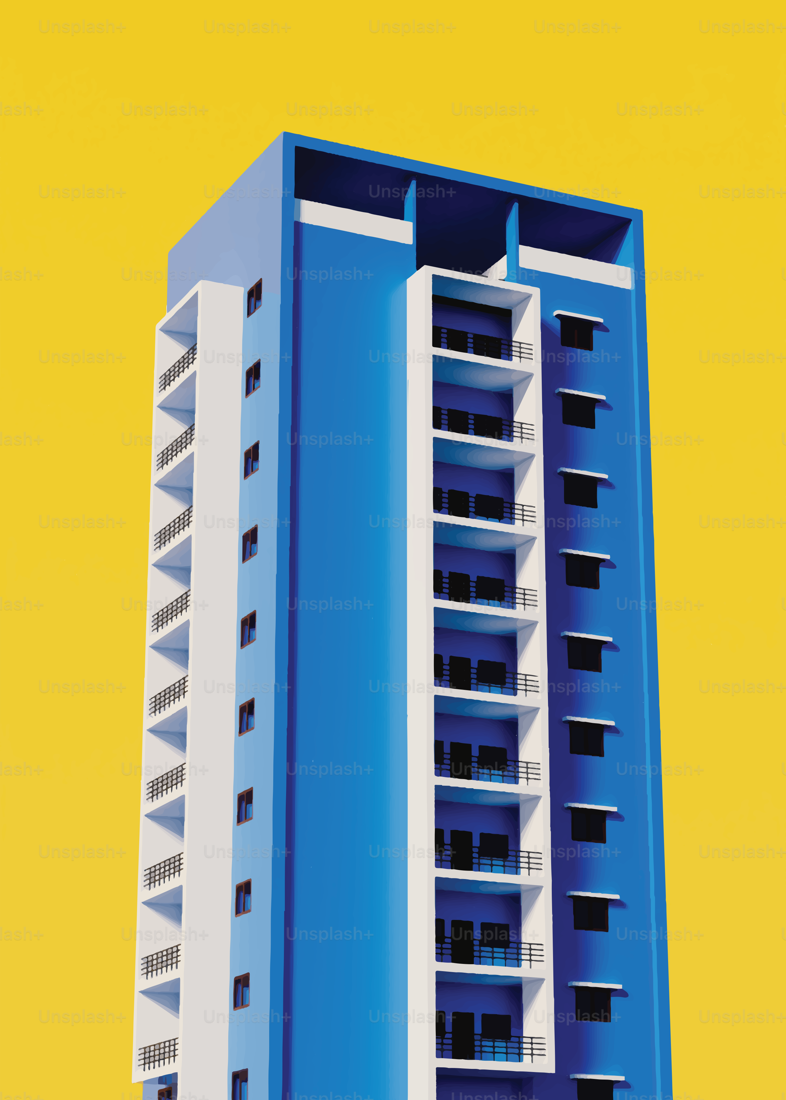 Modern blue and white high-rise building against yellow background