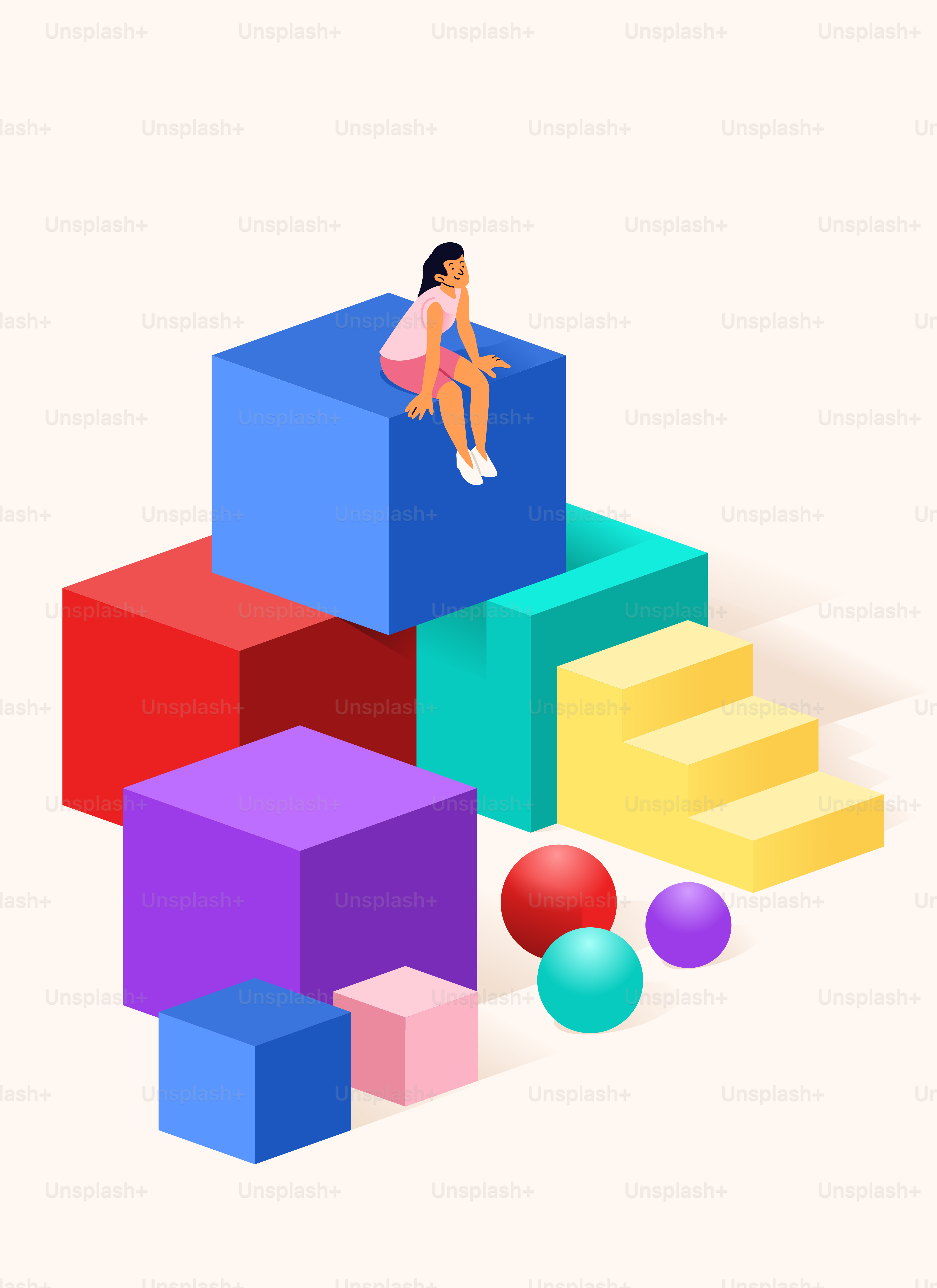 Mädchen sitzt auf bunten Blöcken mit Kugeln