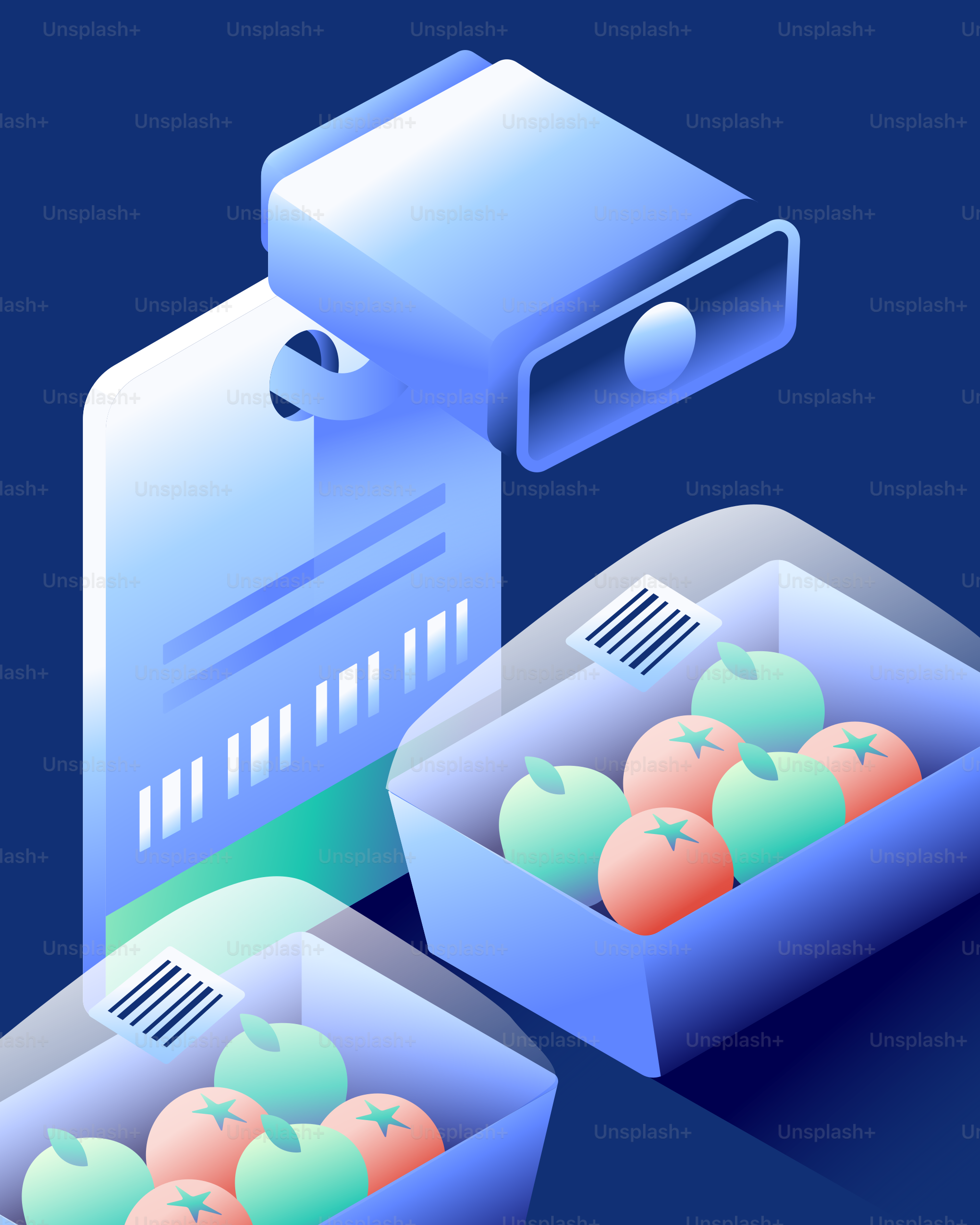 Scanner over packaged fruits with barcodes