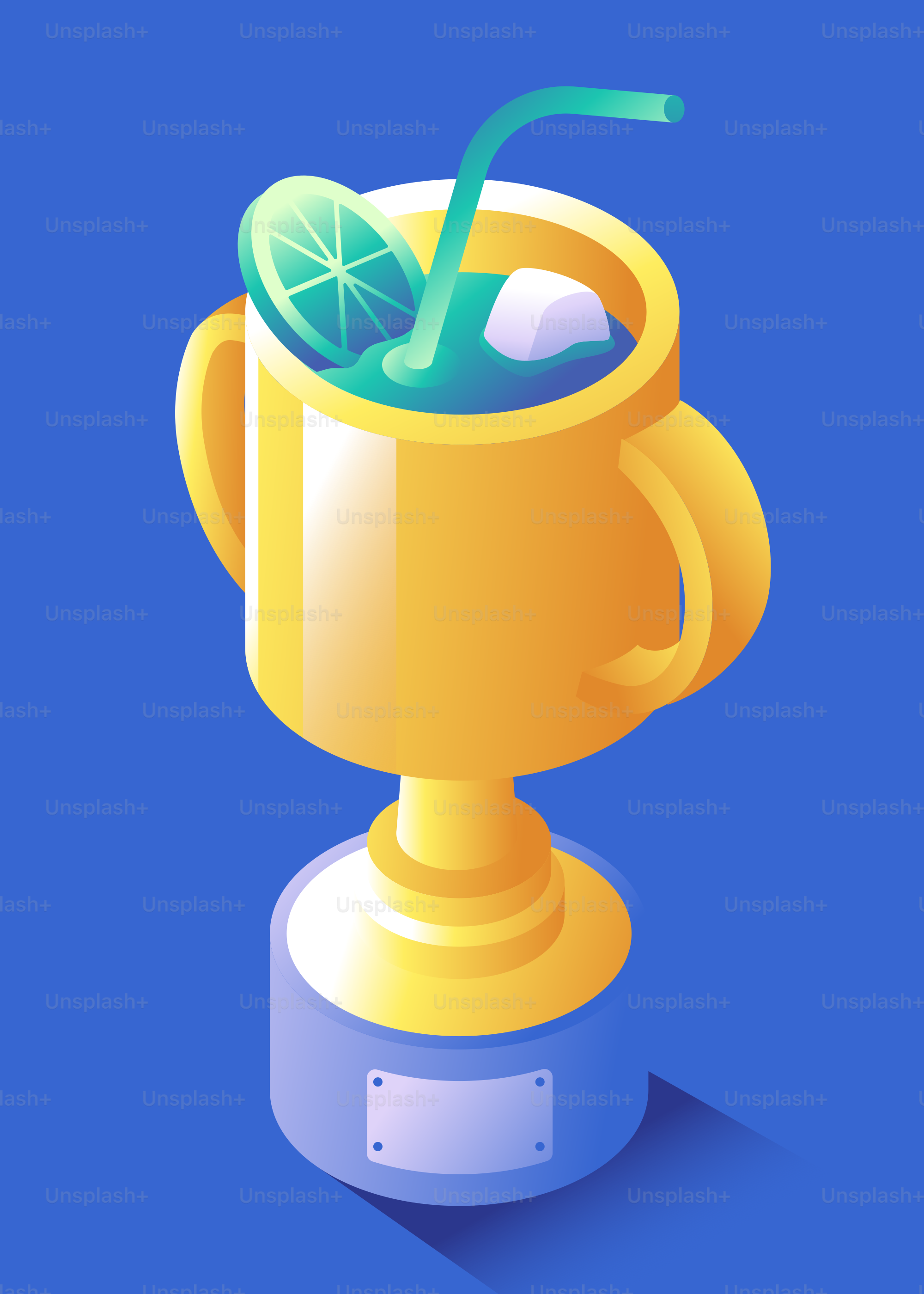 Golden trophy filled with blue cocktail and lime