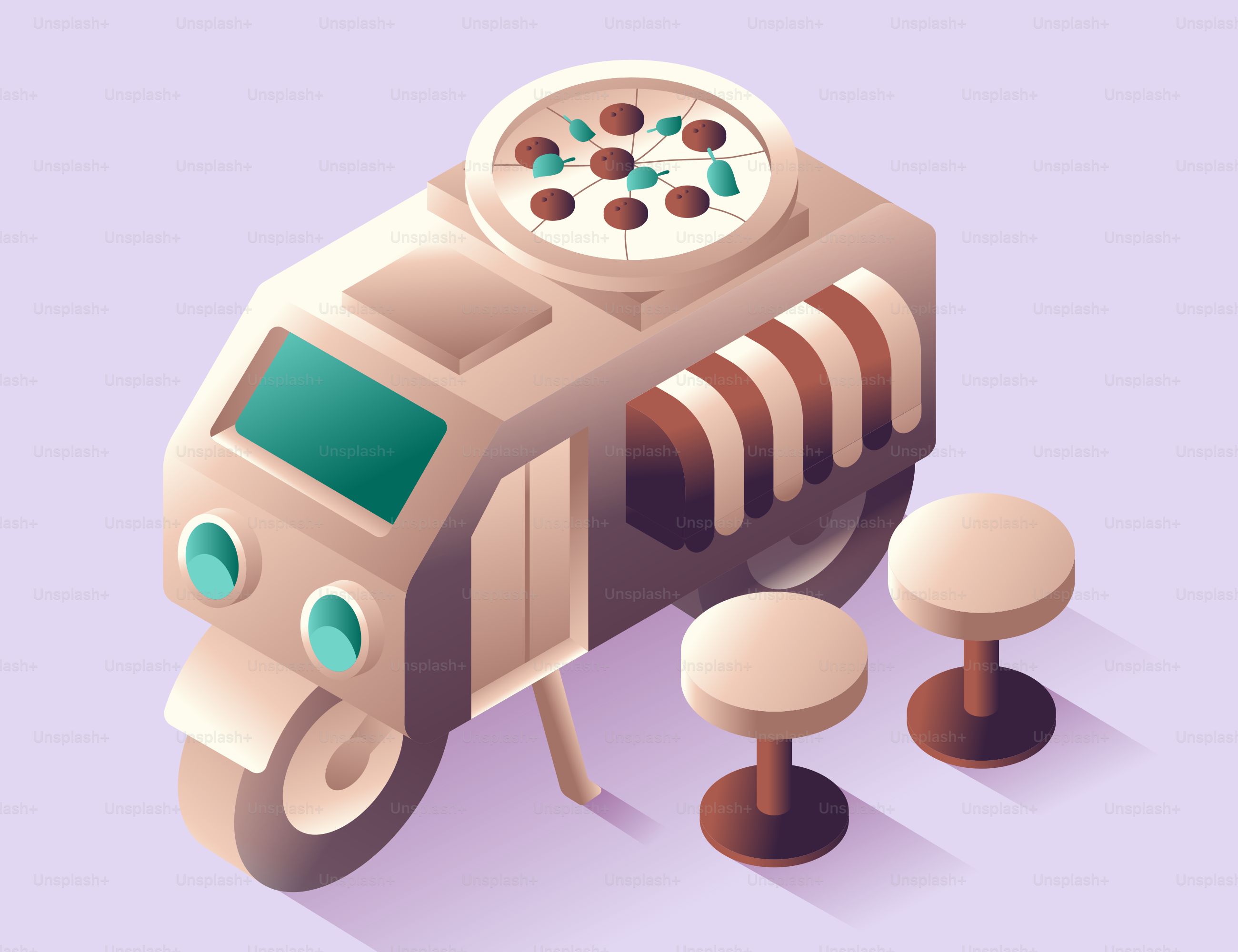 Caminhão isométrico da pizza com dois tamboretes