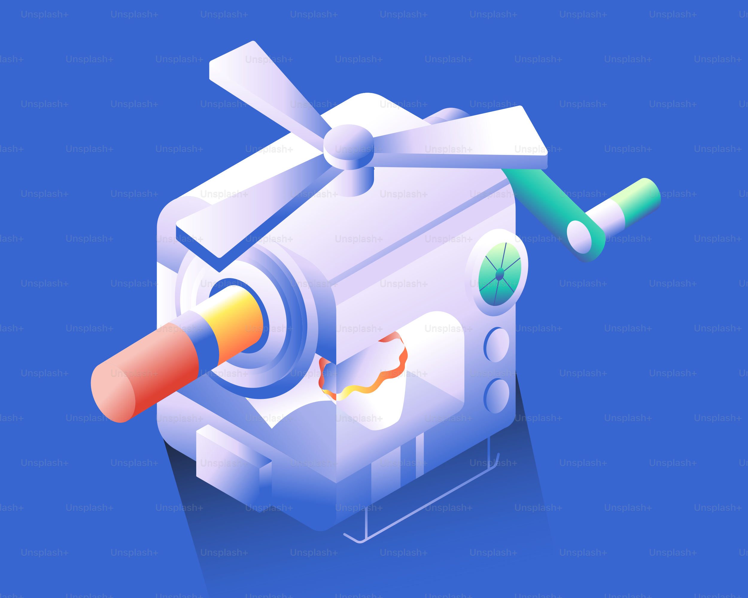 Mechanical device with rotating blades and orange cylinder