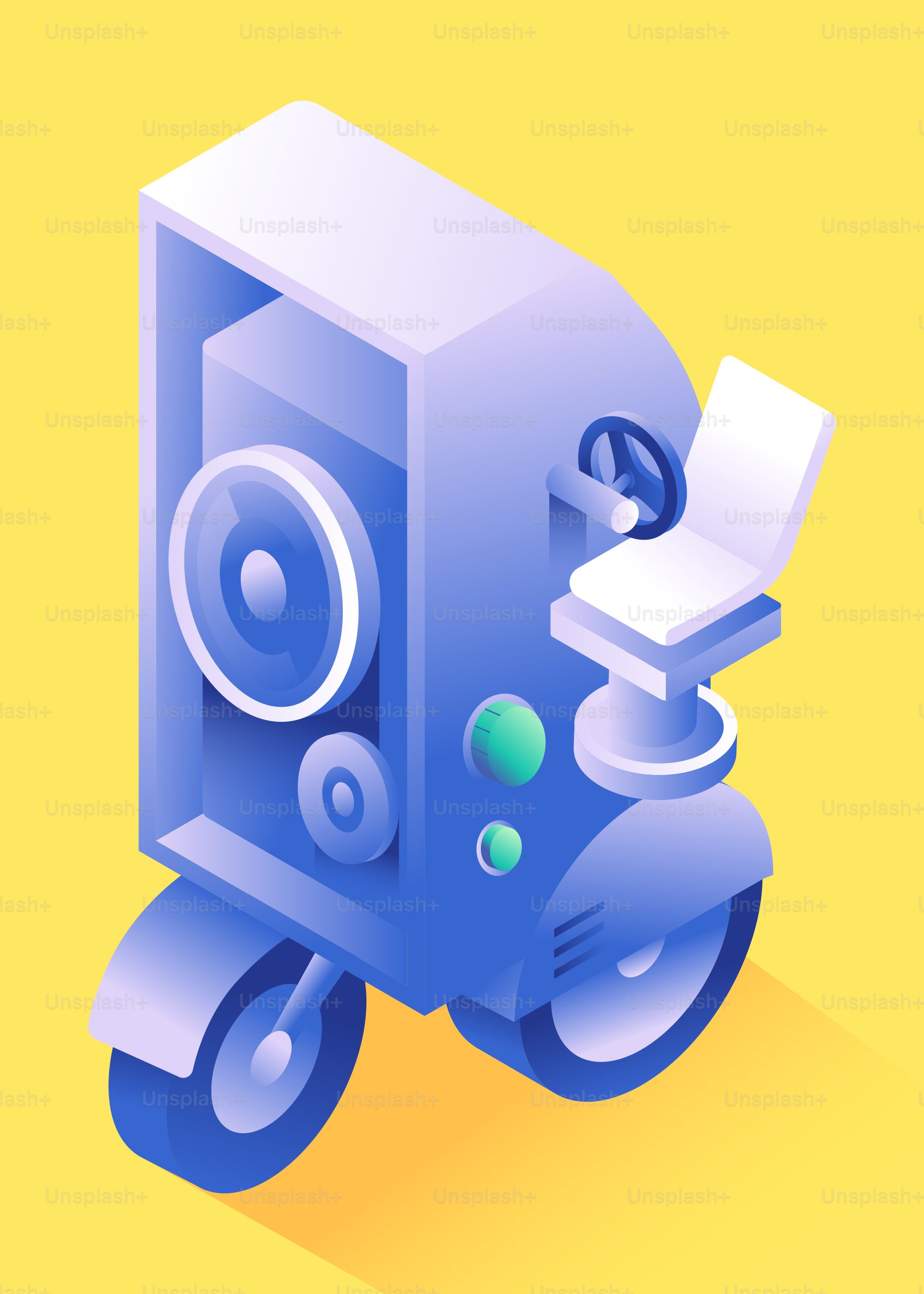 Futuristic three-wheeled vehicle with a large speaker