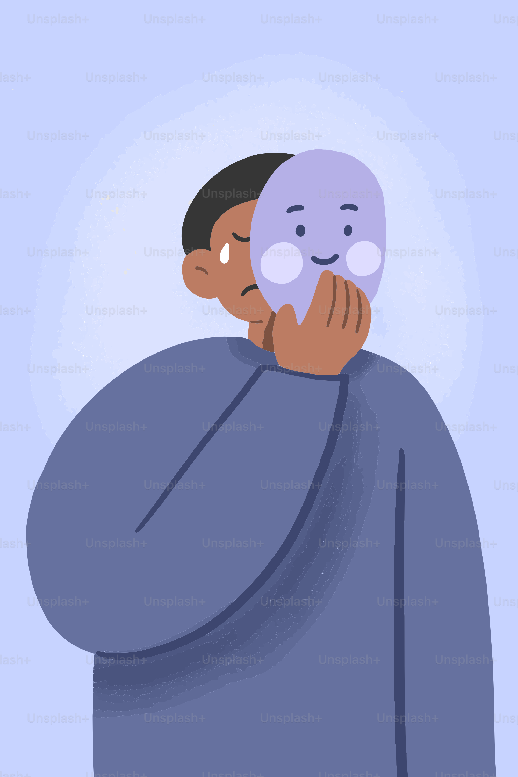 Person hides sad face behind happy mask