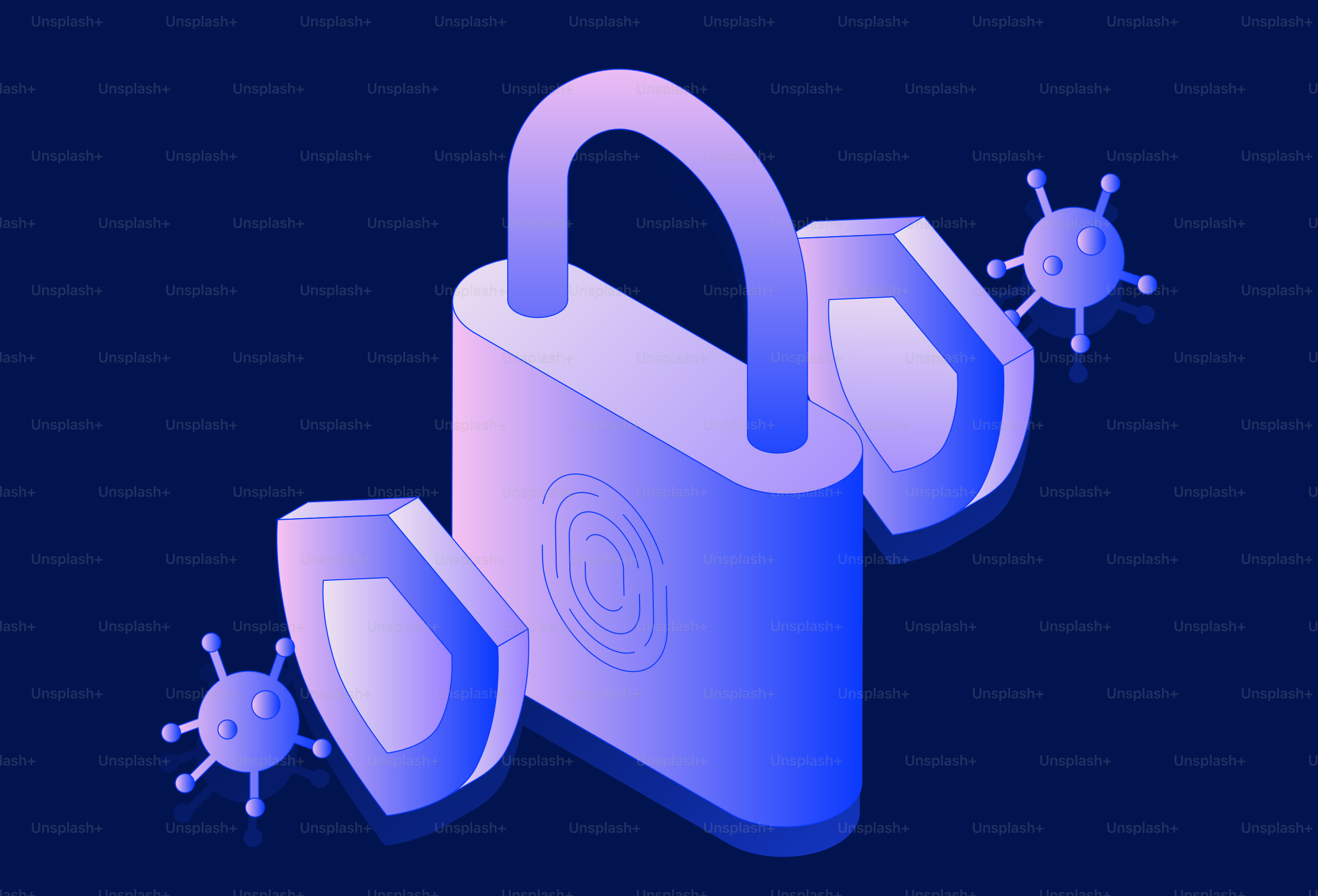 Cadenas avec boucliers et icônes de virus sur fond bleu foncé