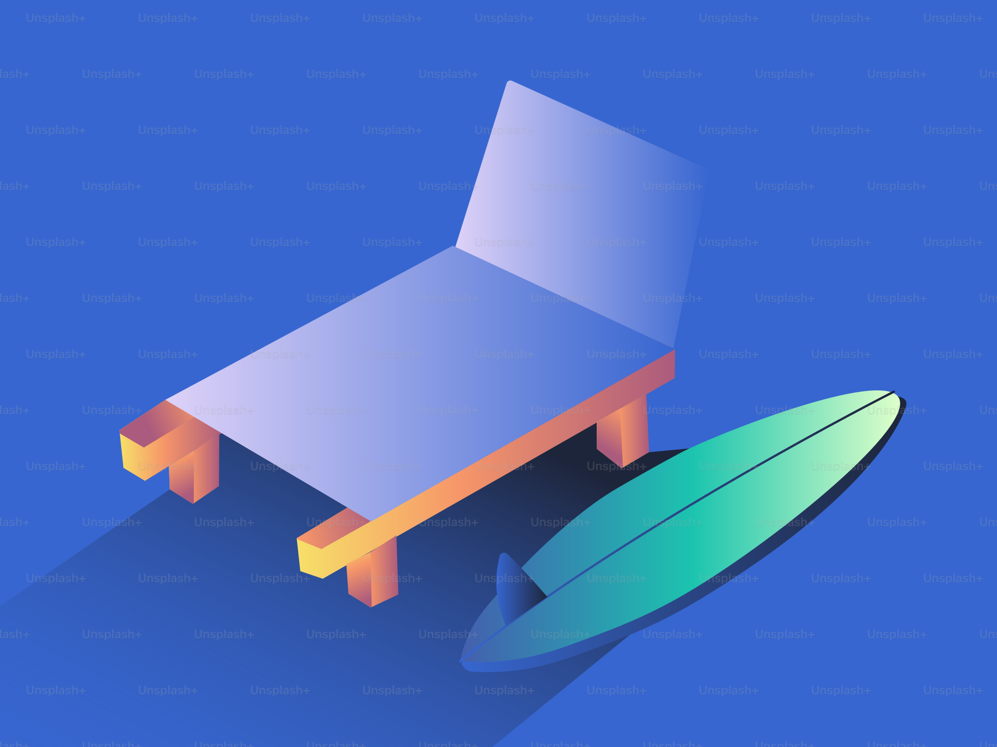 Deck chair and surfboard on blue background.
