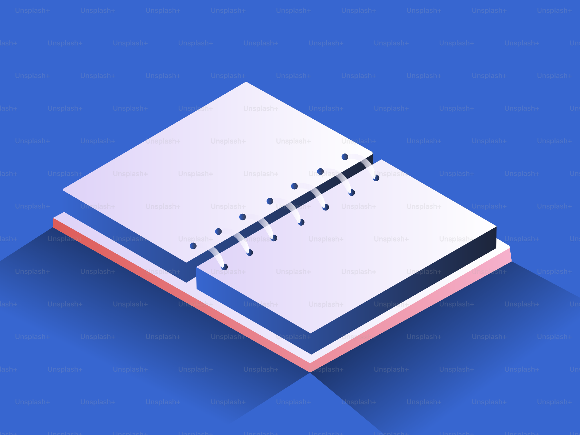 Offenes Notizbuch mit leeren Seiten auf blauem Hintergrund