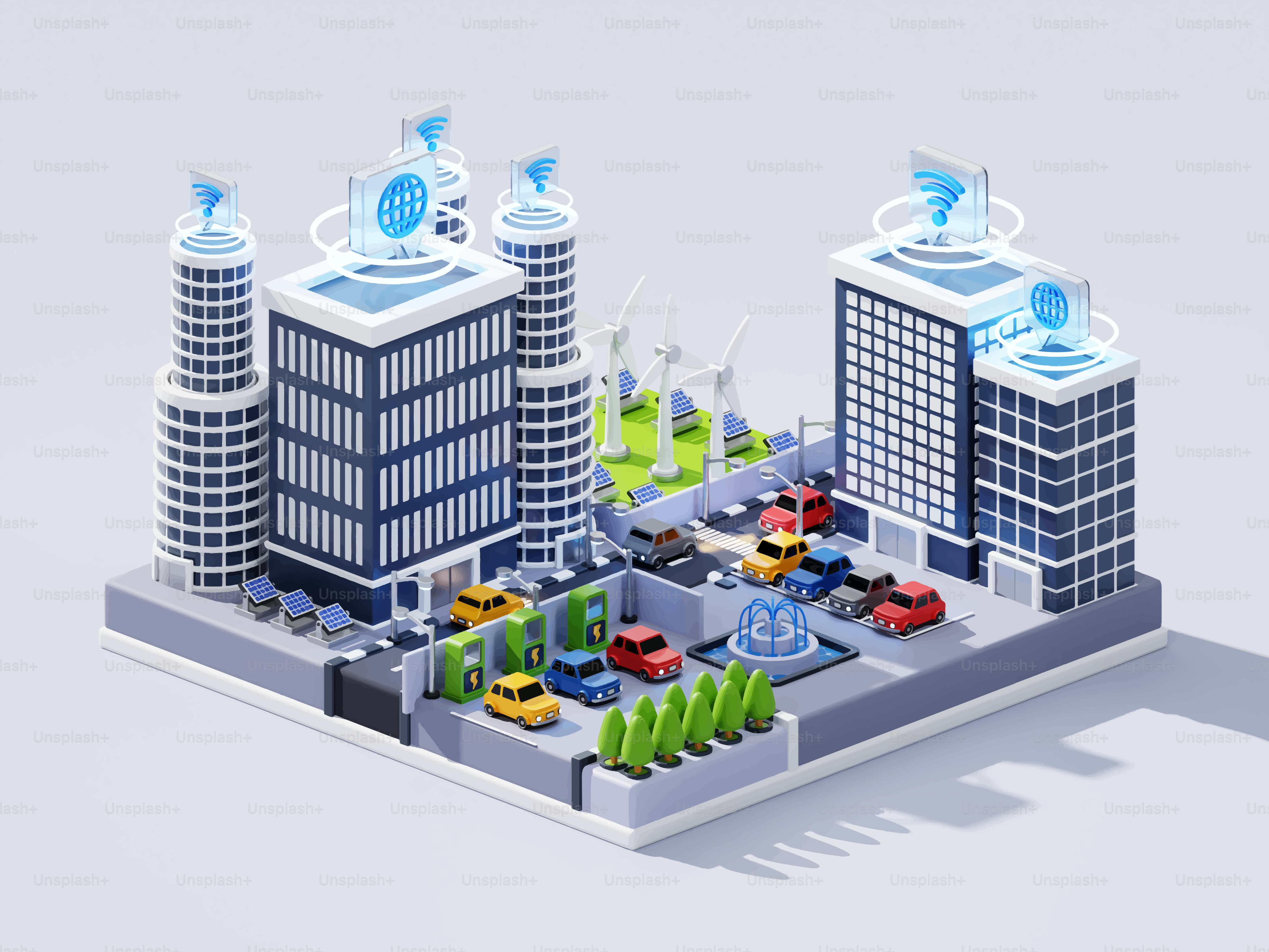 Ciudad futurista con coches inteligentes y turbinas eólicas.
