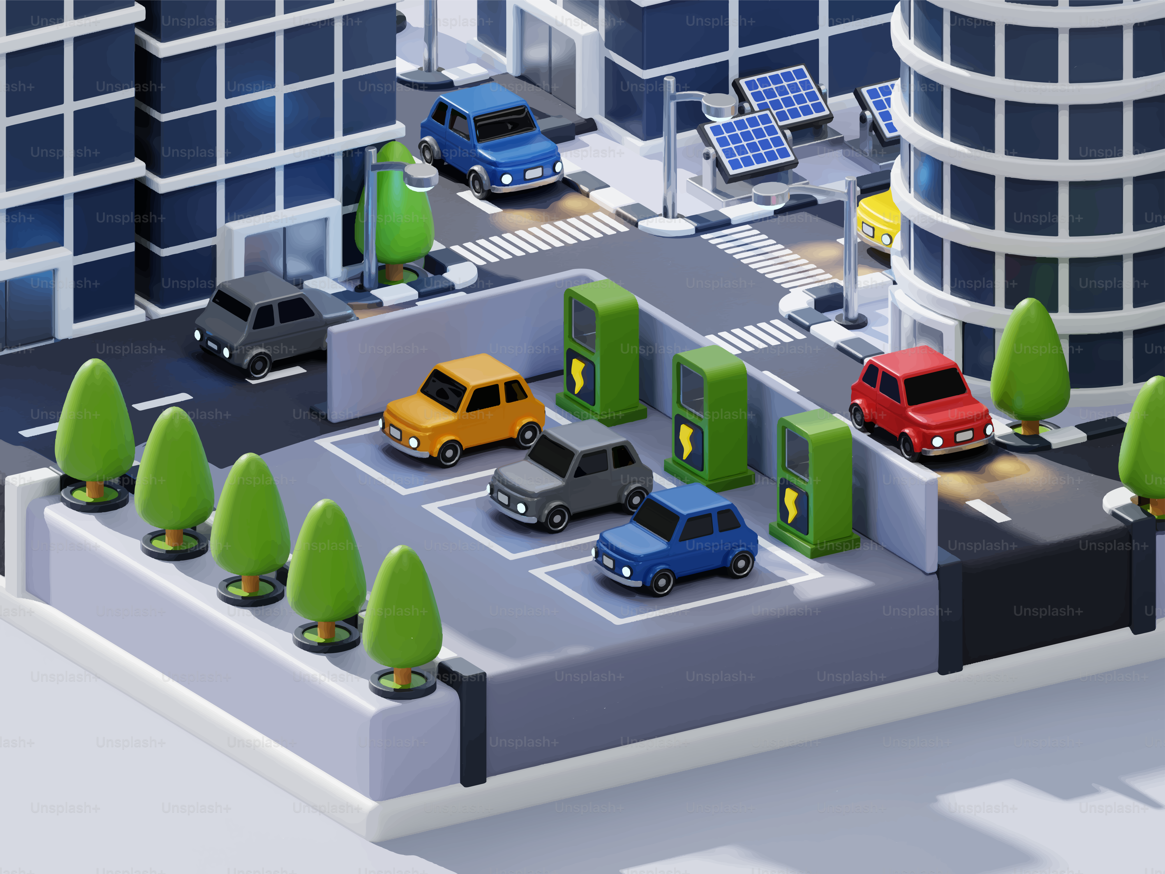 Coches eléctricos cargando en una estación futurista de la ciudad.
