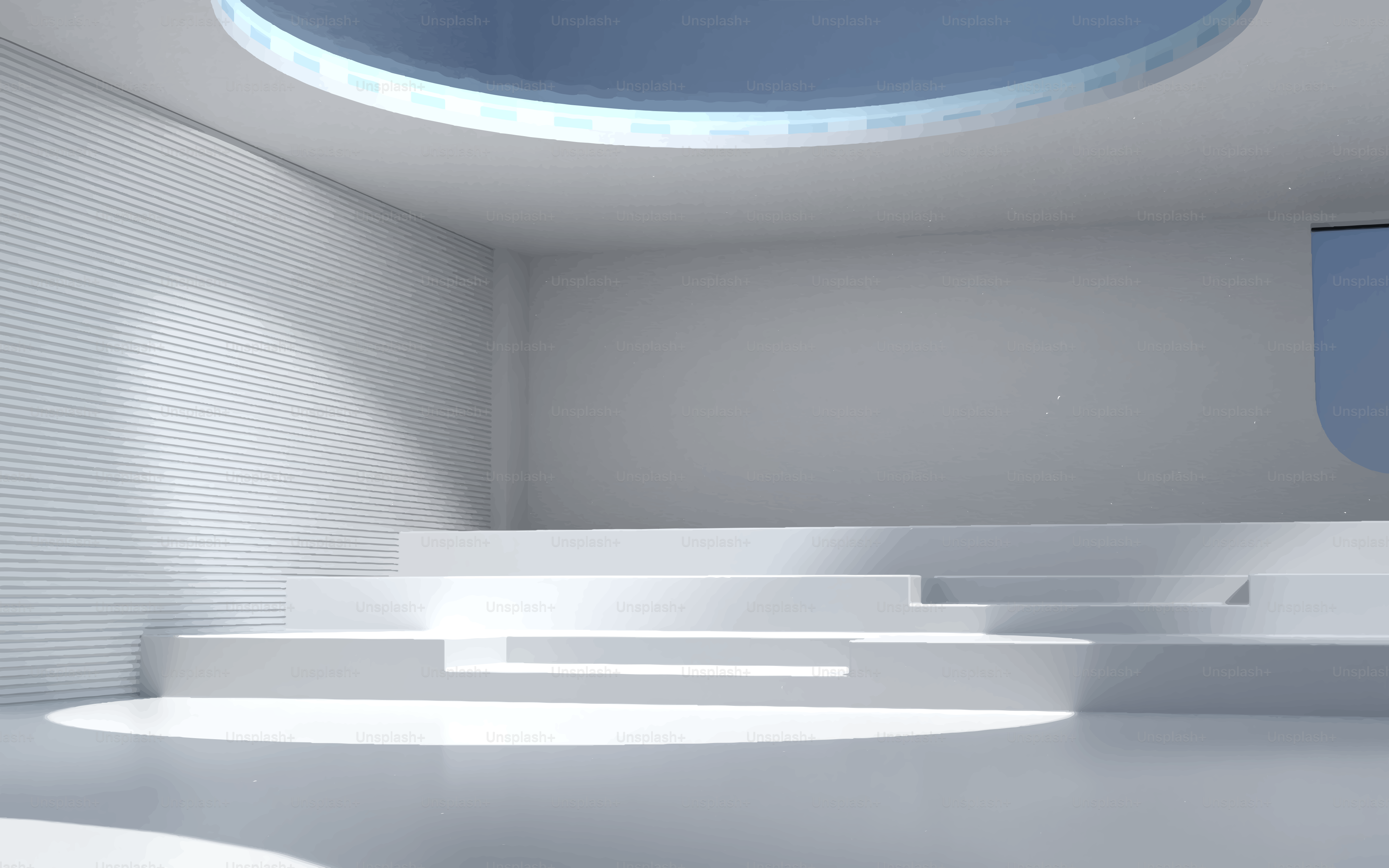Modern white room with circular skylight and stairs
