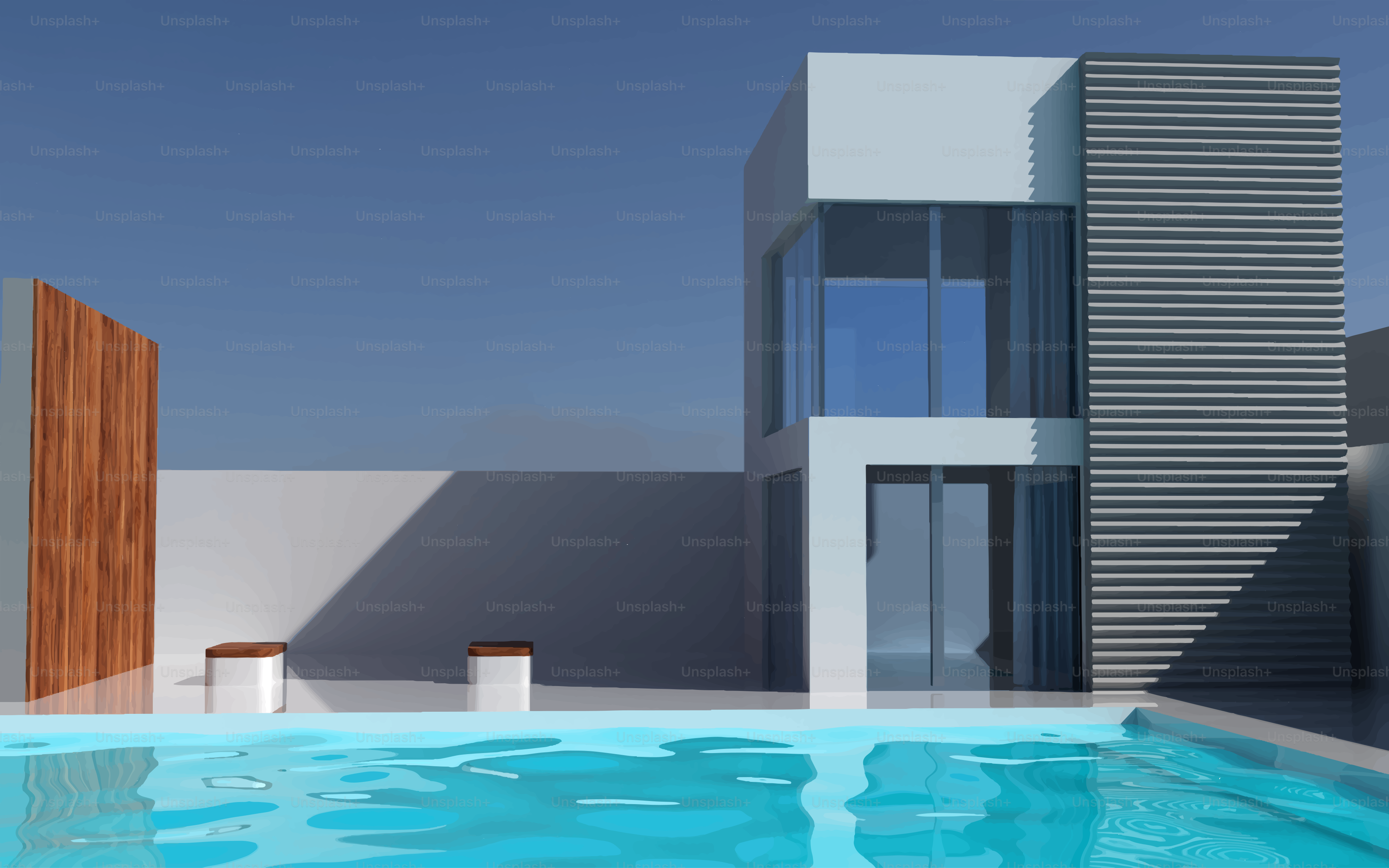 Casa moderna con piscina e parete di accento in legno