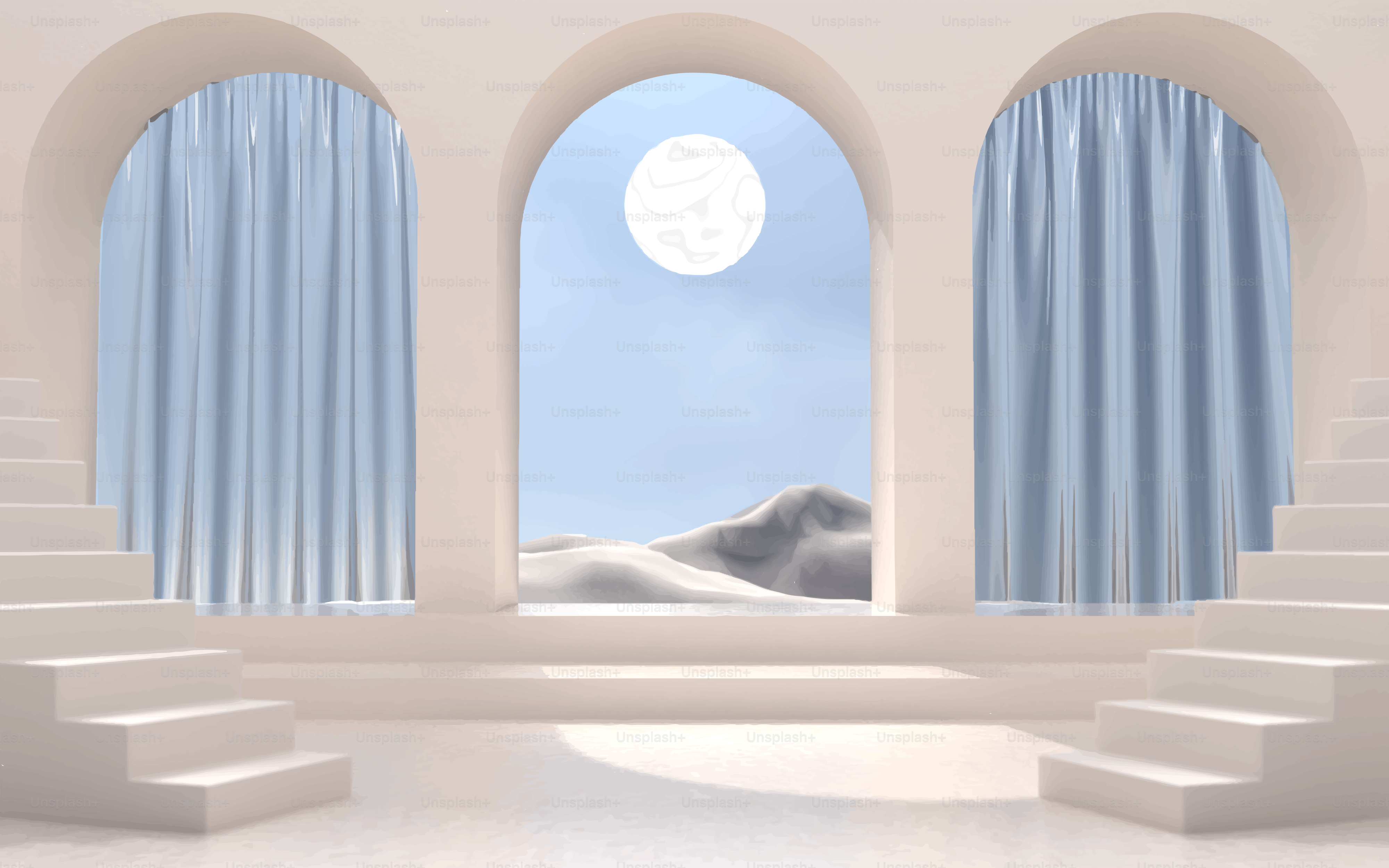 Le finestre ad arco rivelano un paesaggio desertico sotto la luna piena.