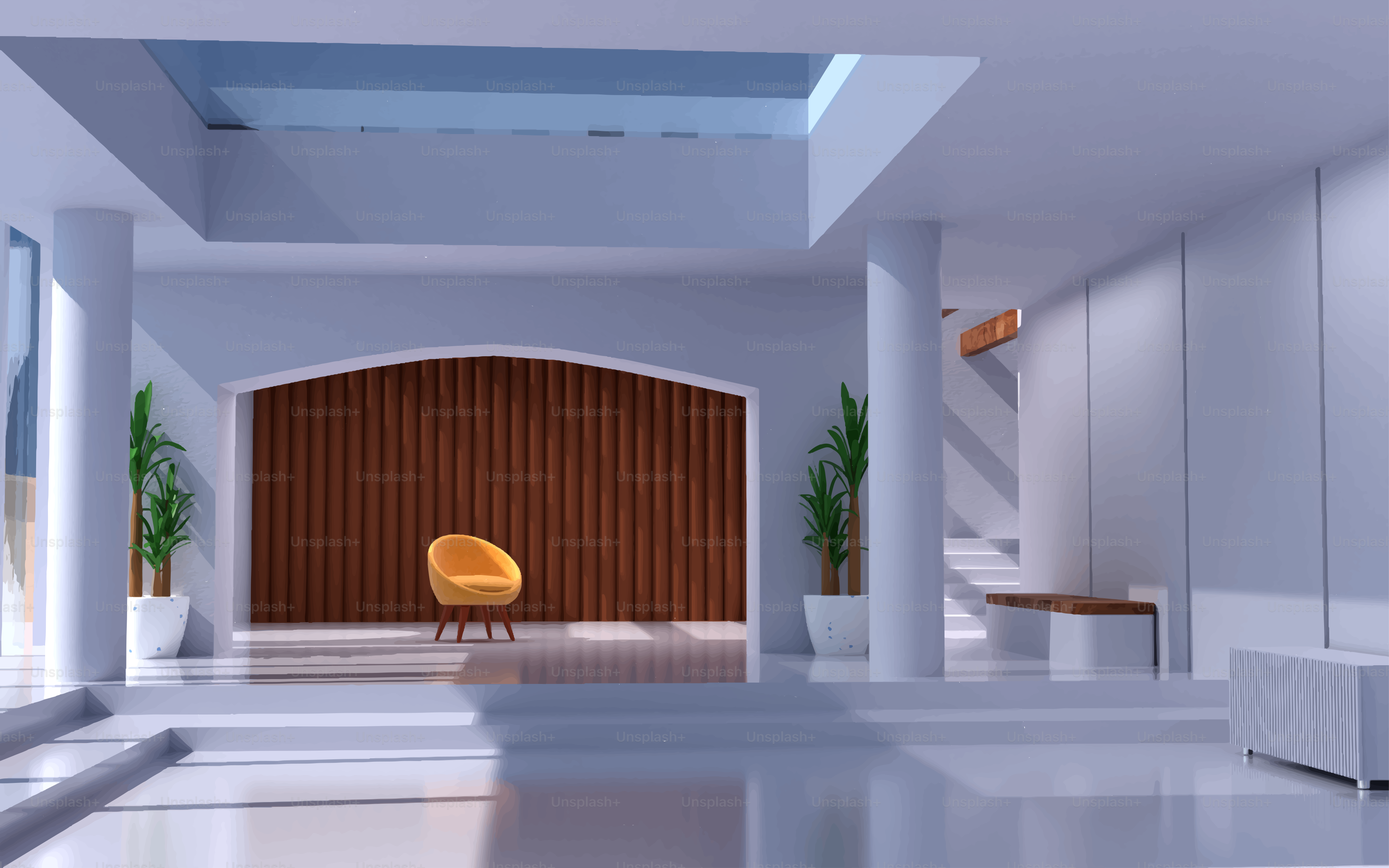 黄色い椅子と植物を備えた現代的なロビー