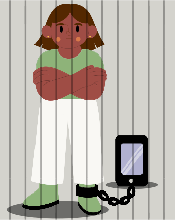 Person chained to smartphone behind bars.