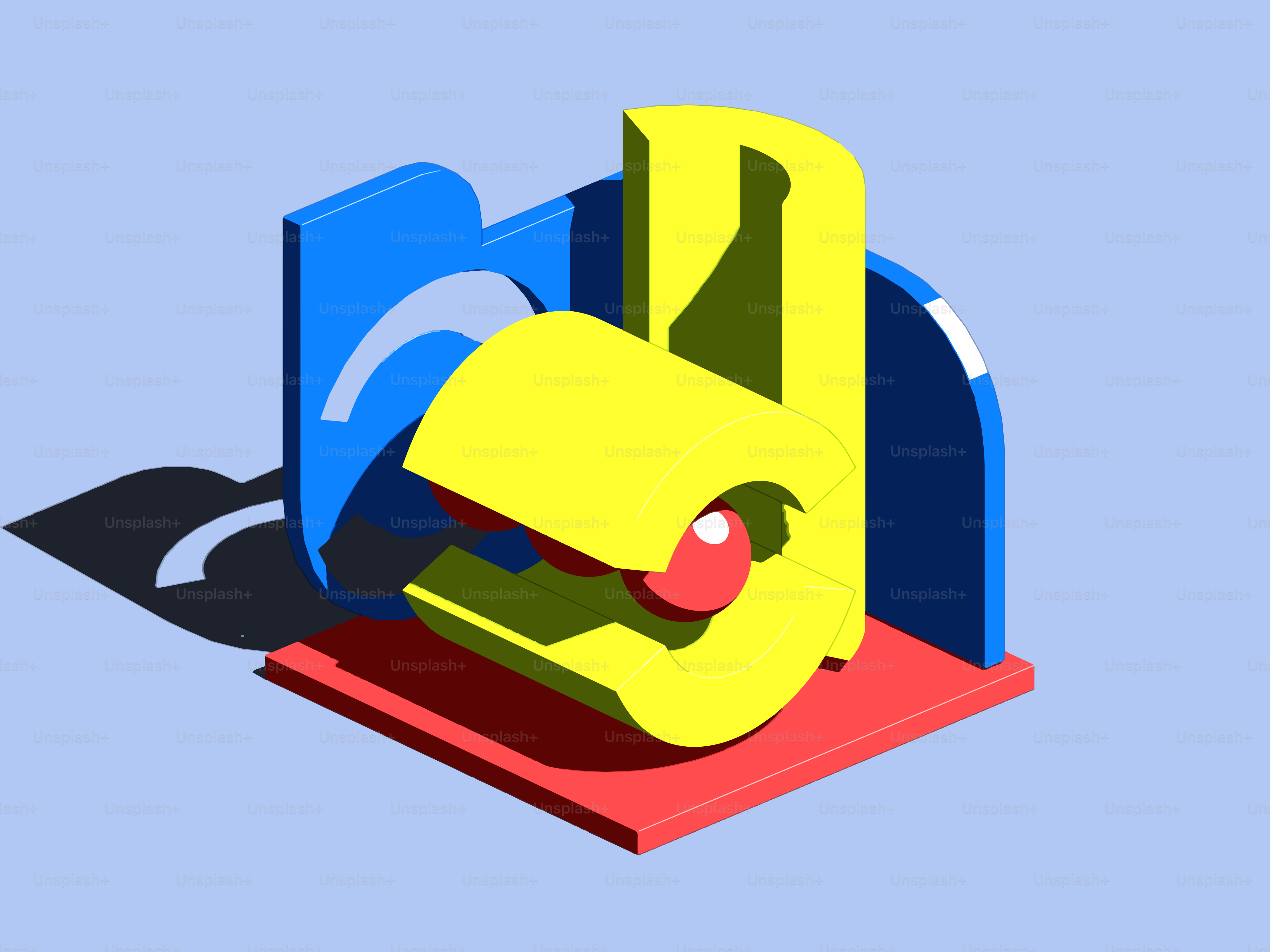 Abstrakte Skulptur eines gelben Hundes mit roten Augen.