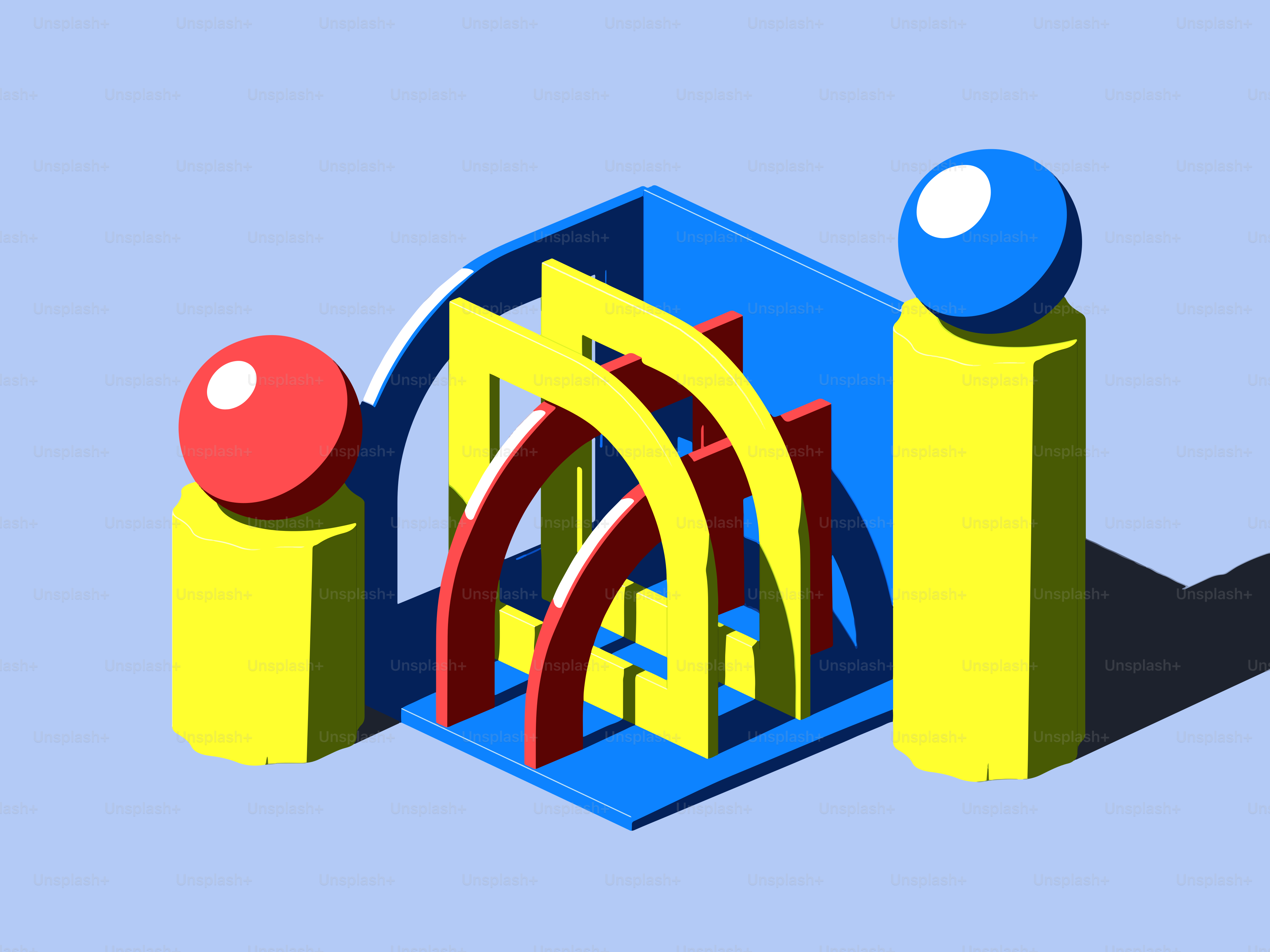 Abstract geometric shapes with red and blue spheres.