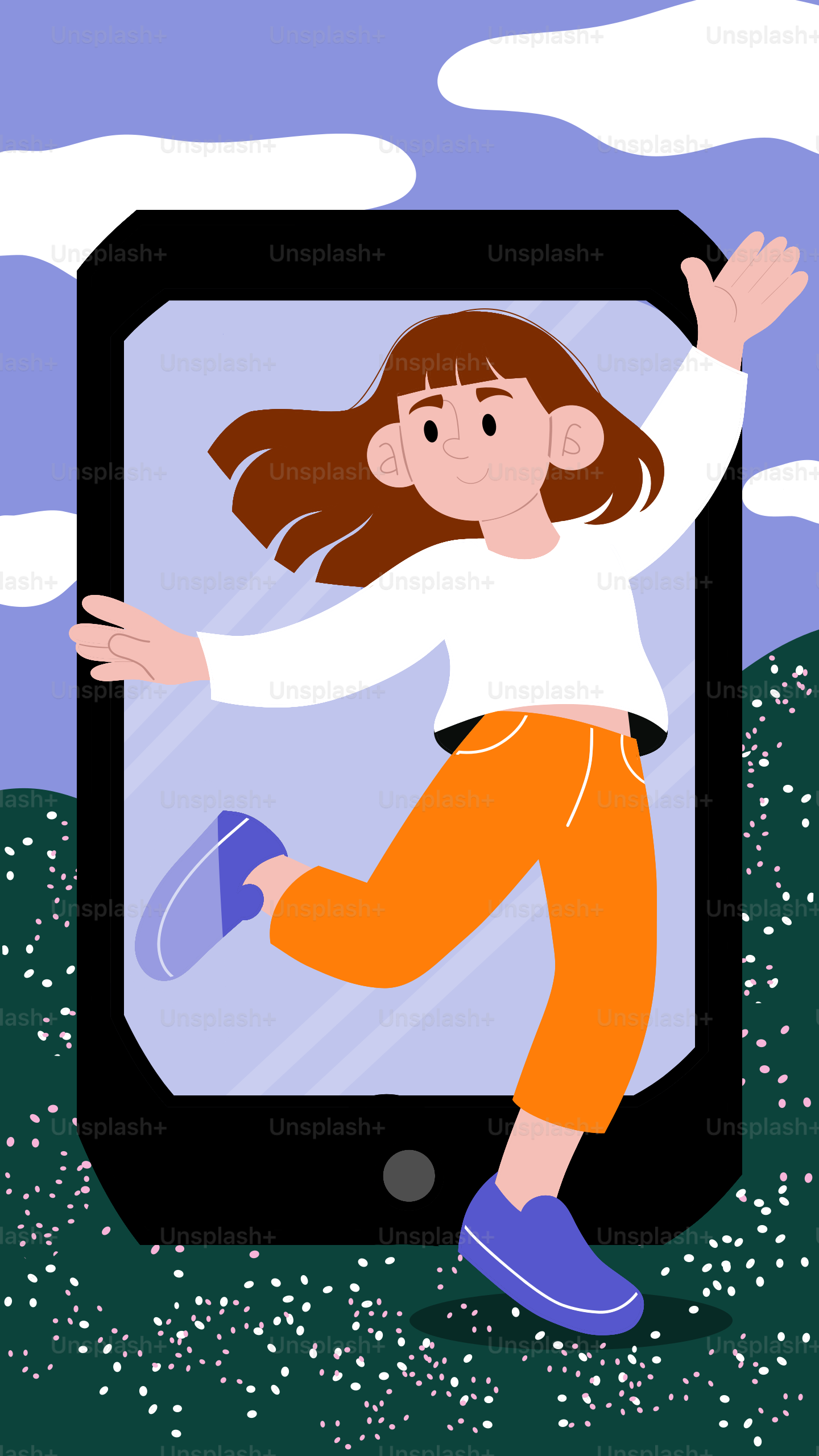 Girl in orange pants jumping out of a phone screen.
