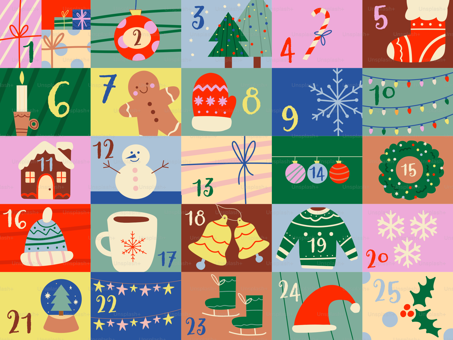 Christmas advent calendar with festive icons and numbers.