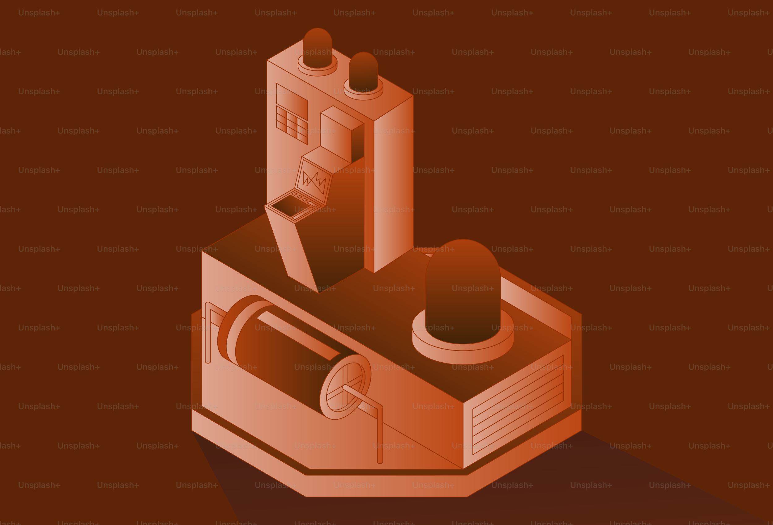 Isometric factory building with pipes and tanks
