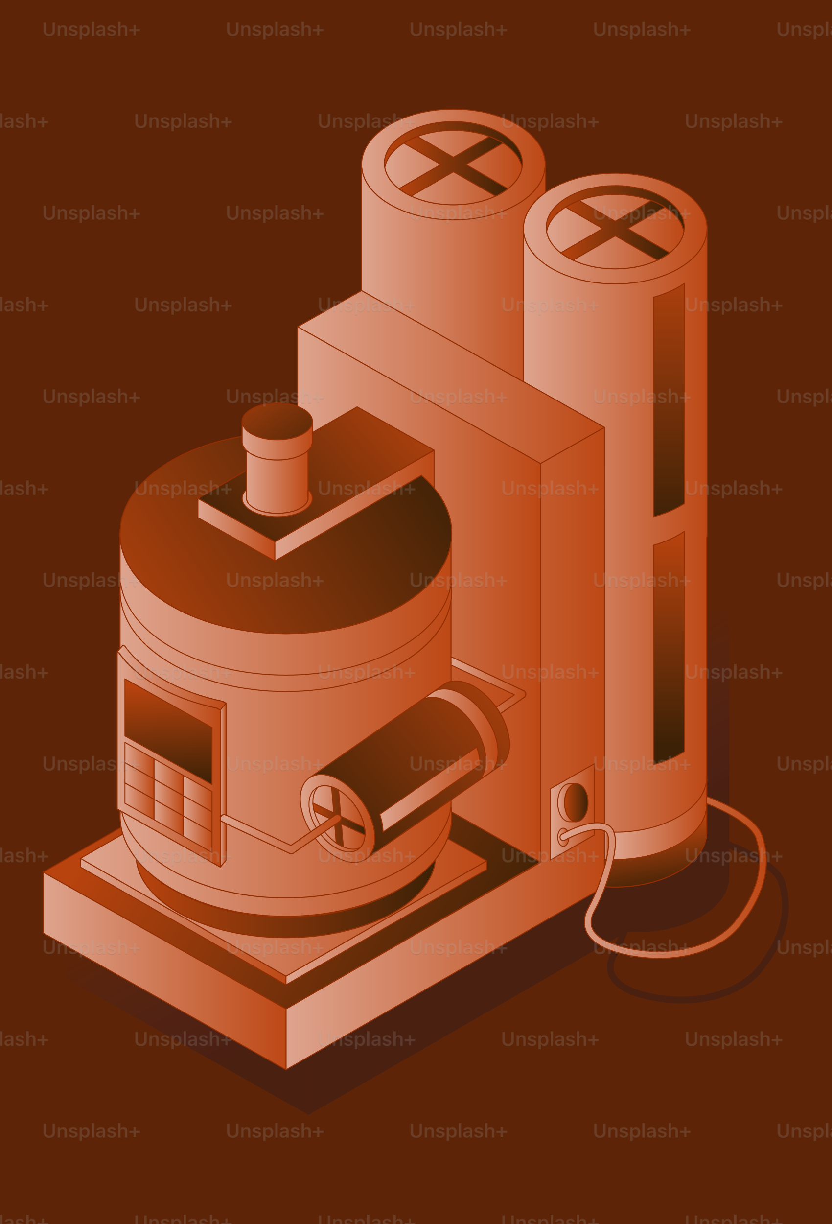 Isometric industrial factory building with two smokestacks.