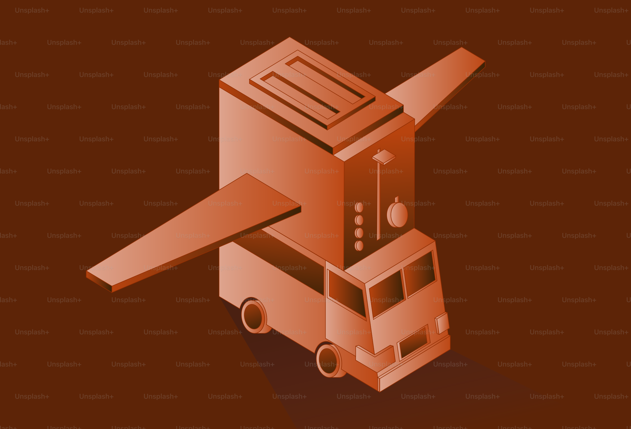 A surreal flying truck with wings and toaster