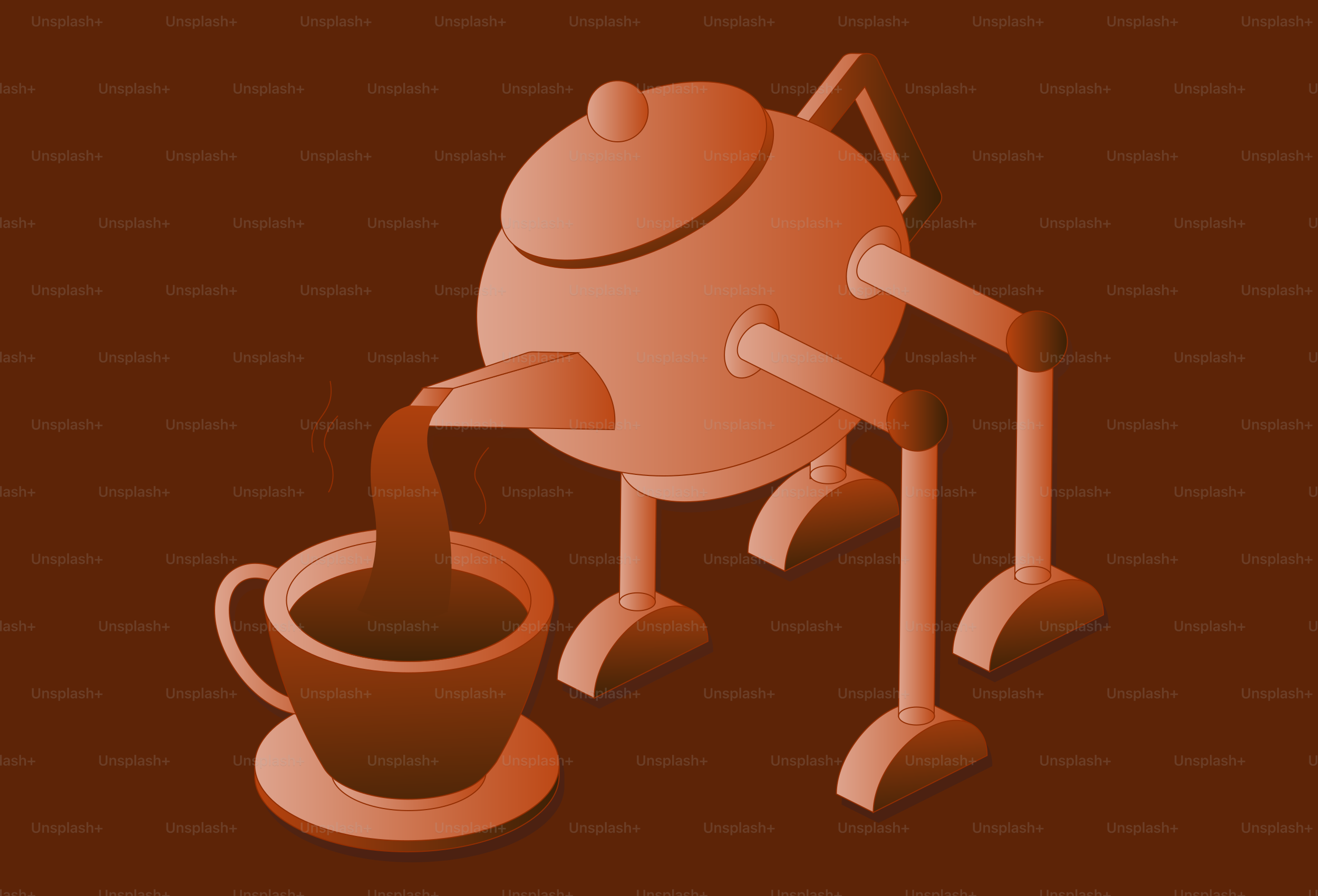 A robotic teapot pours coffee into a cup.
