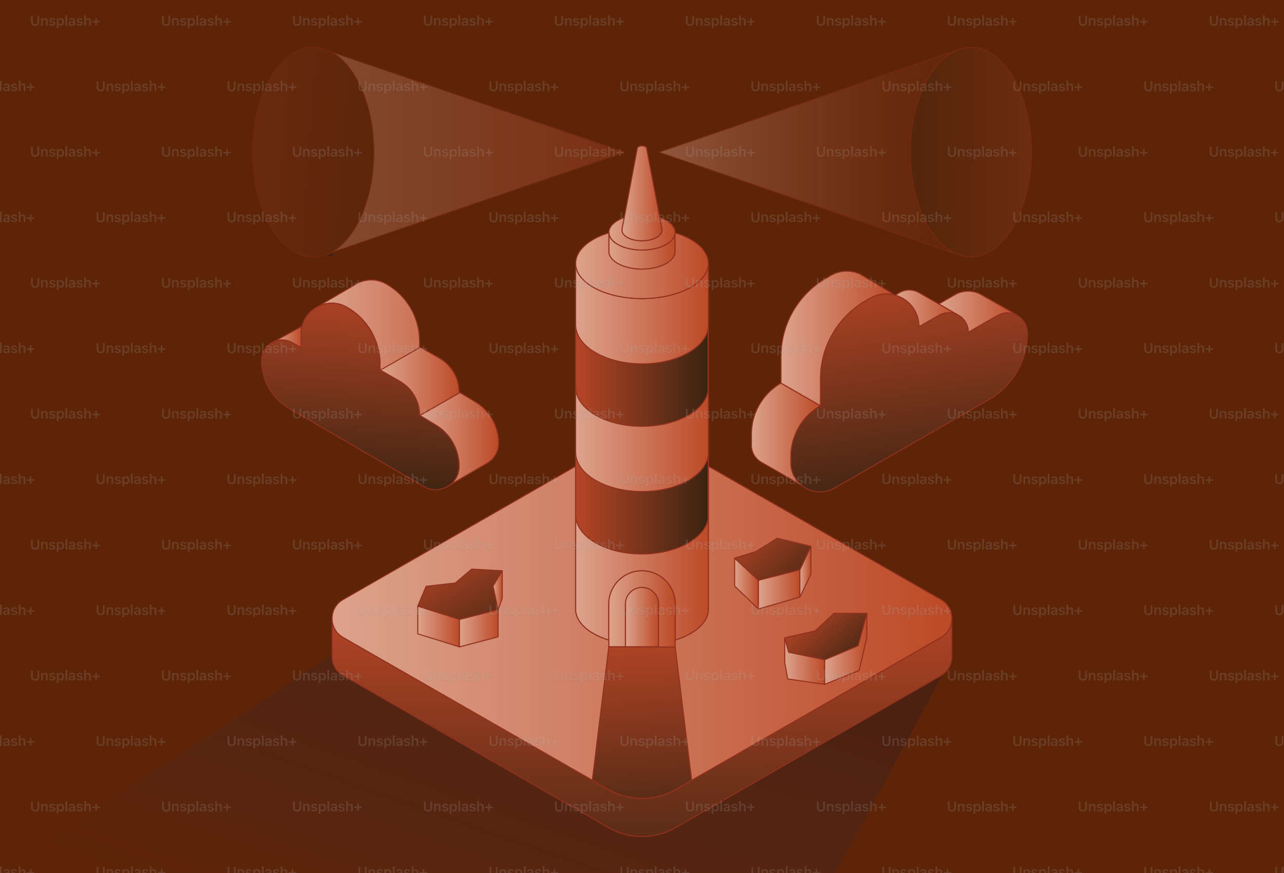 Lighthouse with beams of light and clouds