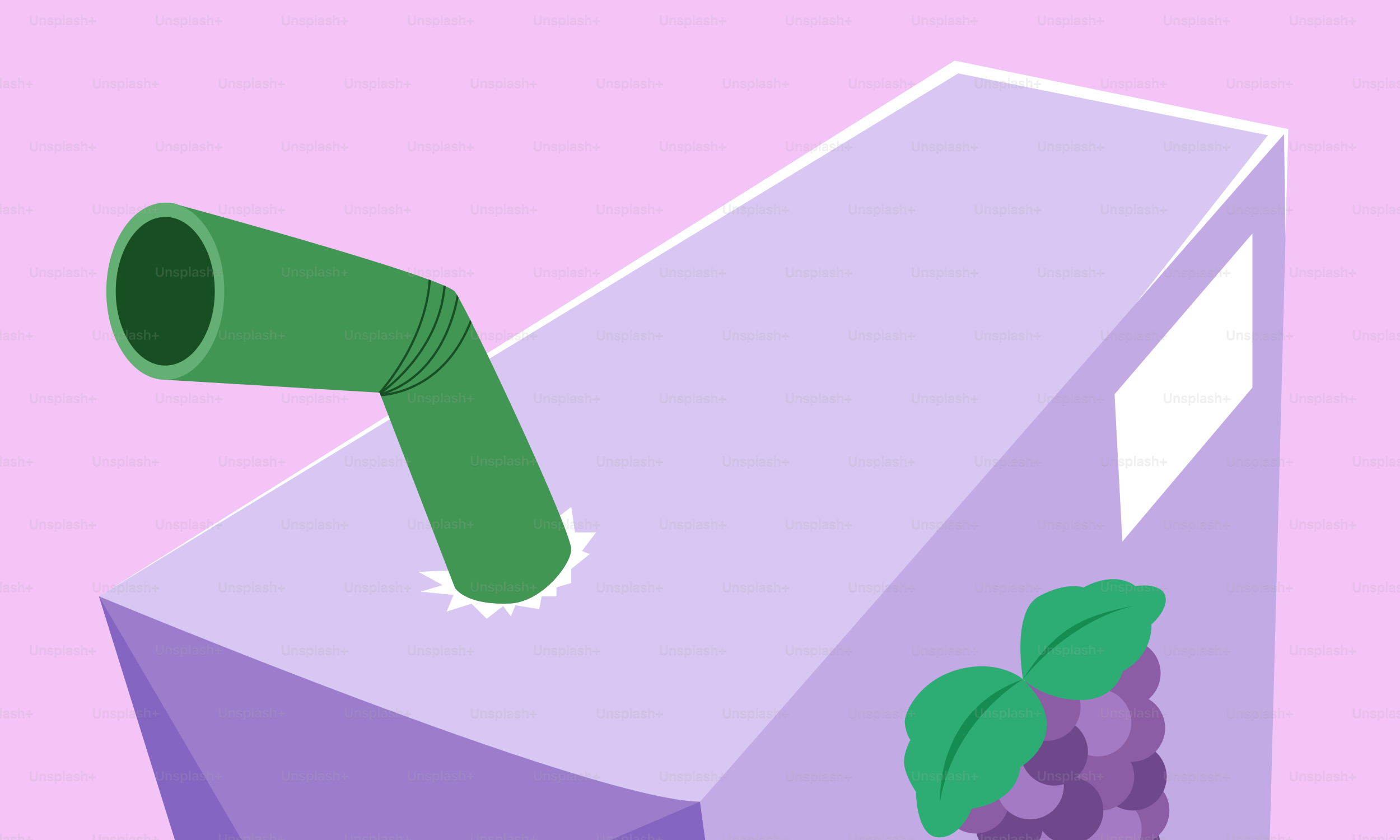 Purple juice box with green straw and grapes