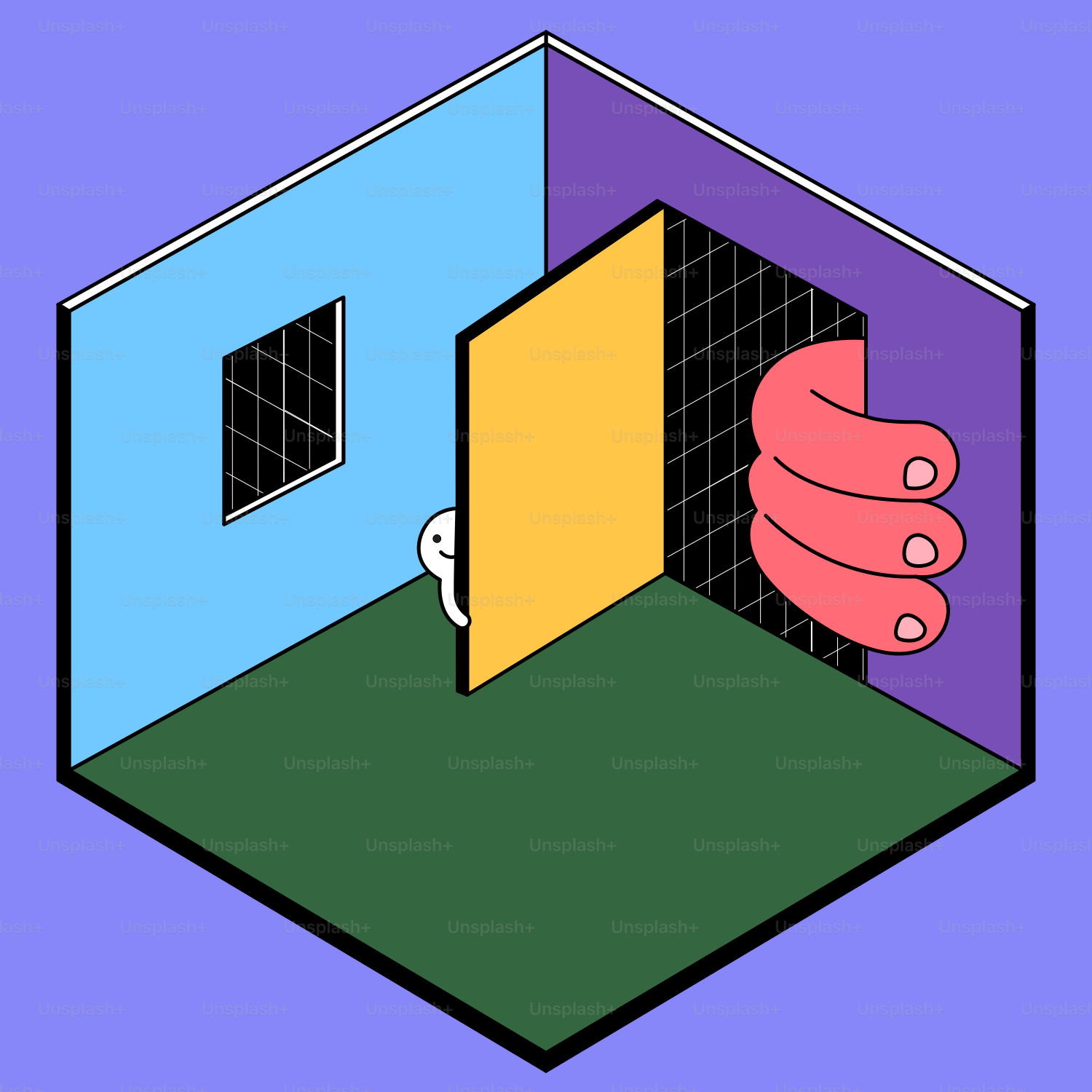 A hand reaching through a barred door in a room.