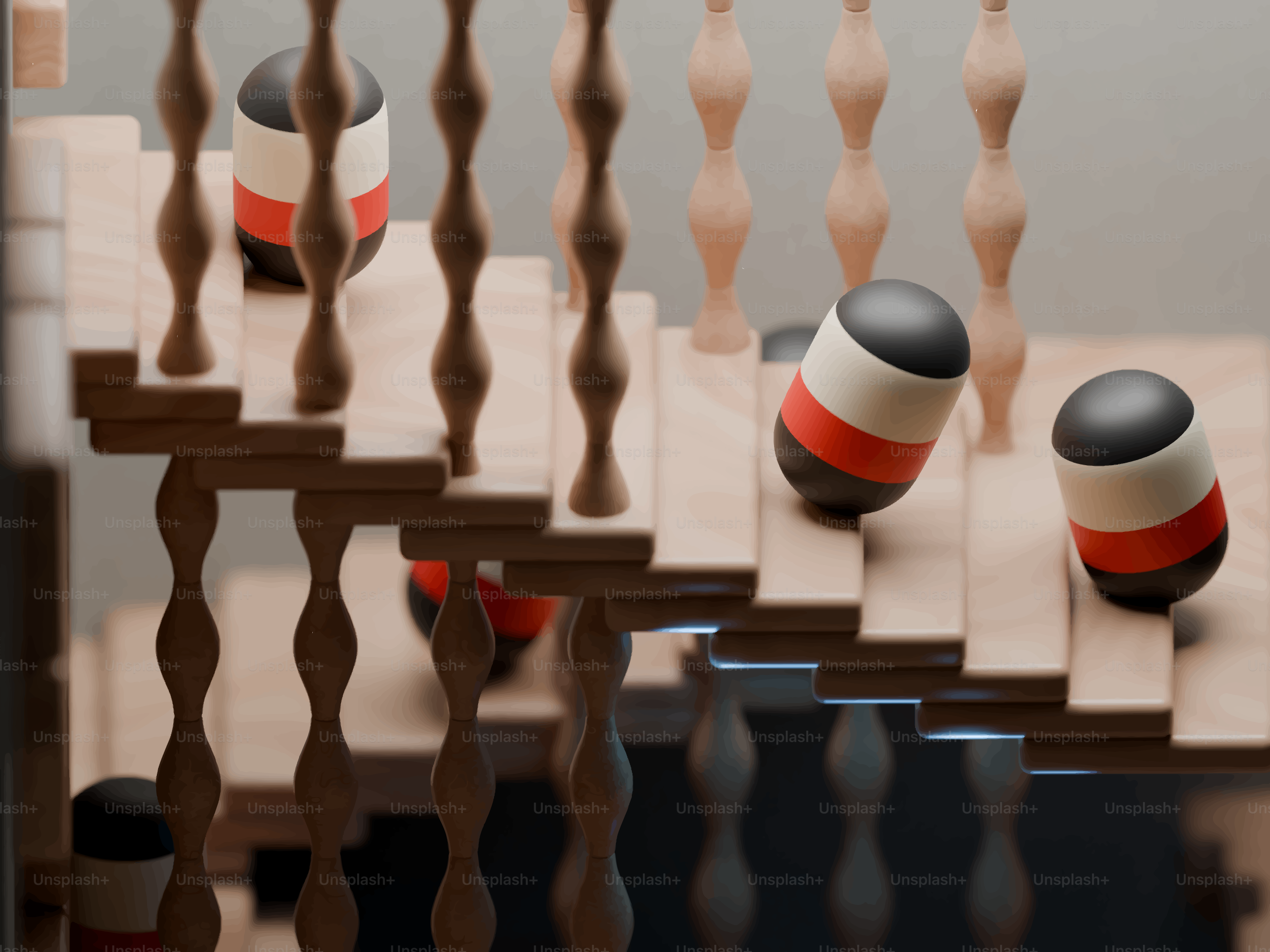 Holzkugeln, die eine Treppe hinunterrollen