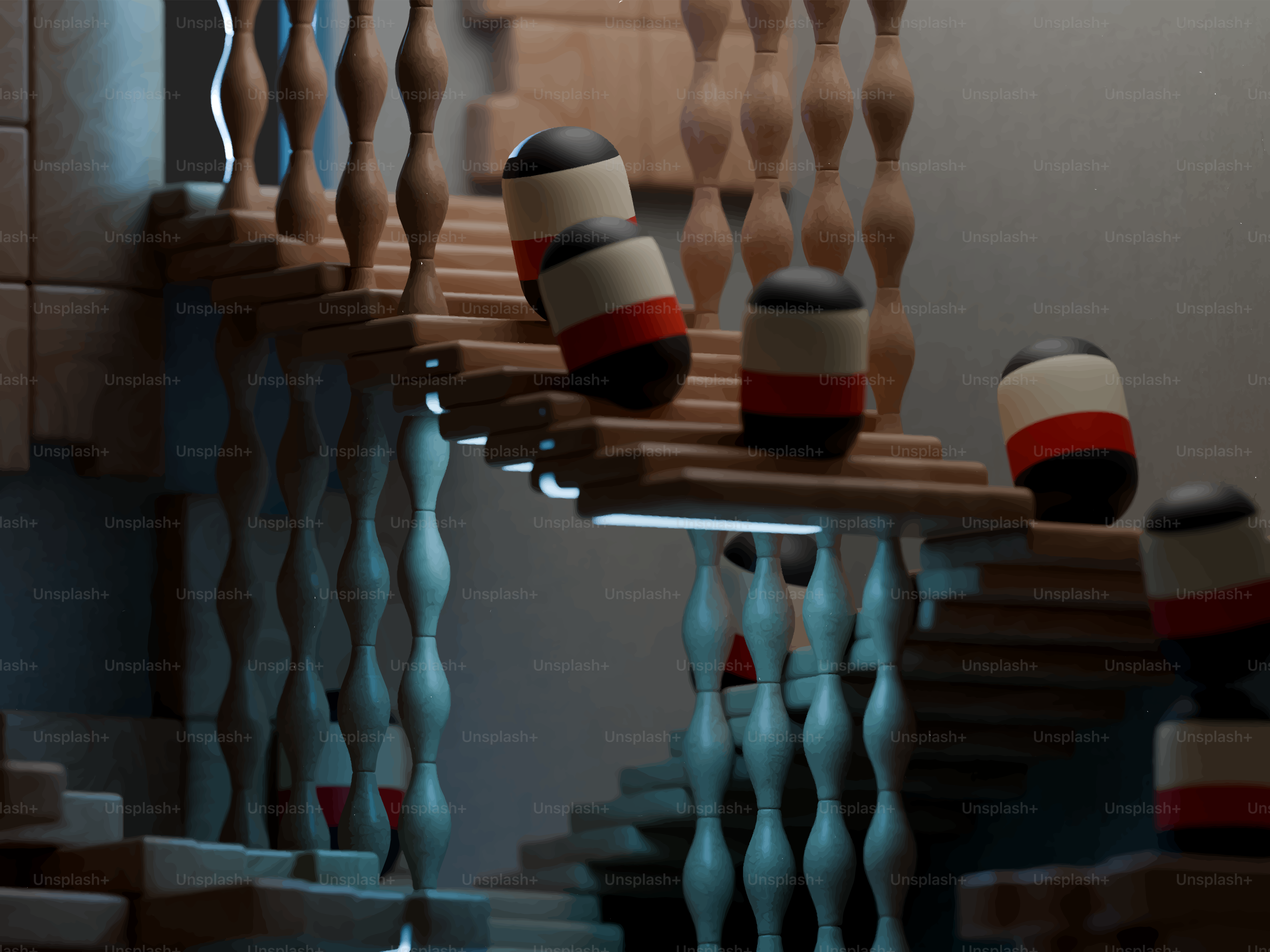 Holztreppe mit herunterfallenden zylindrischen Gegenständen