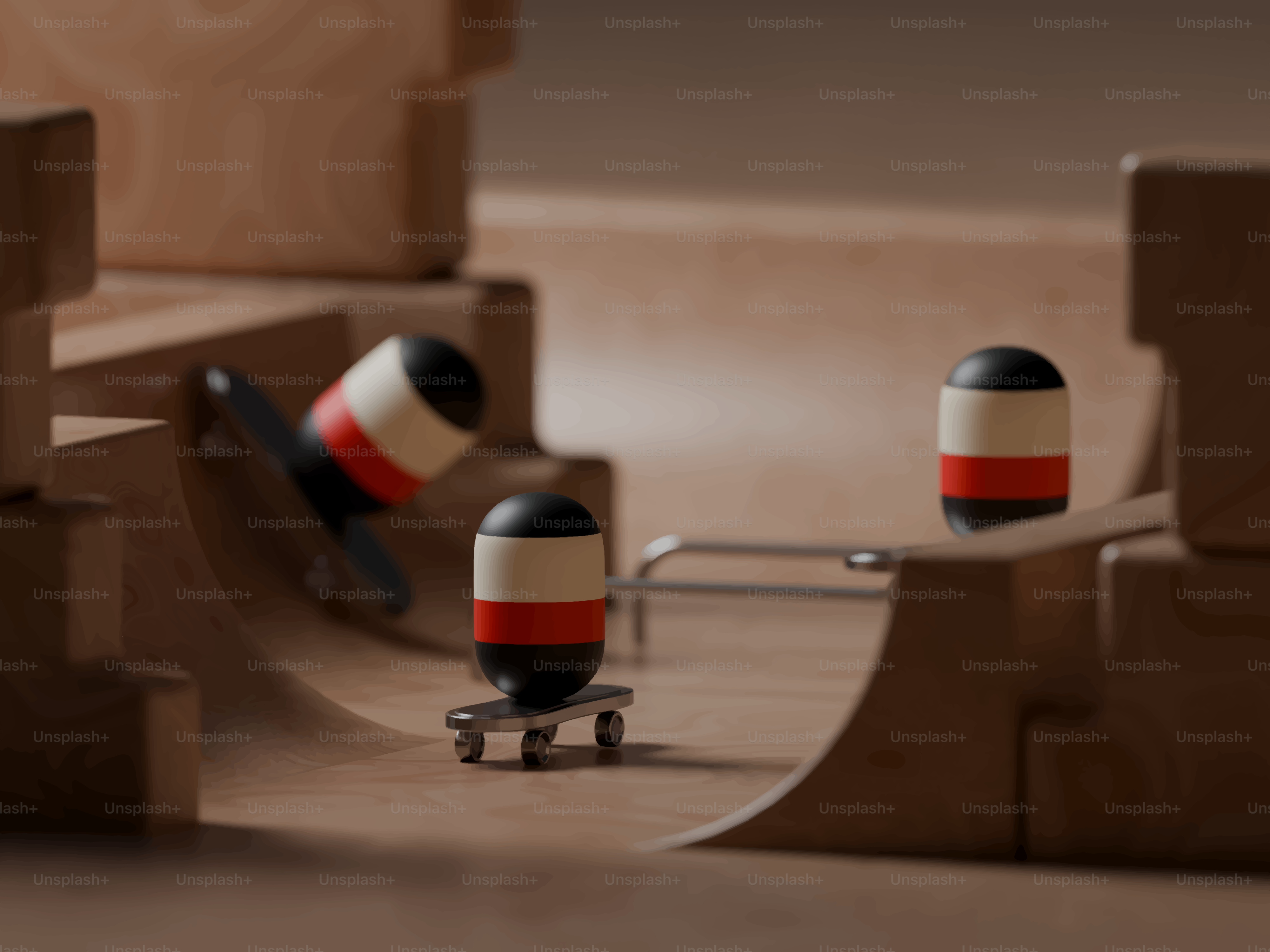 Miniature skateboards and ramps in a wooden setup