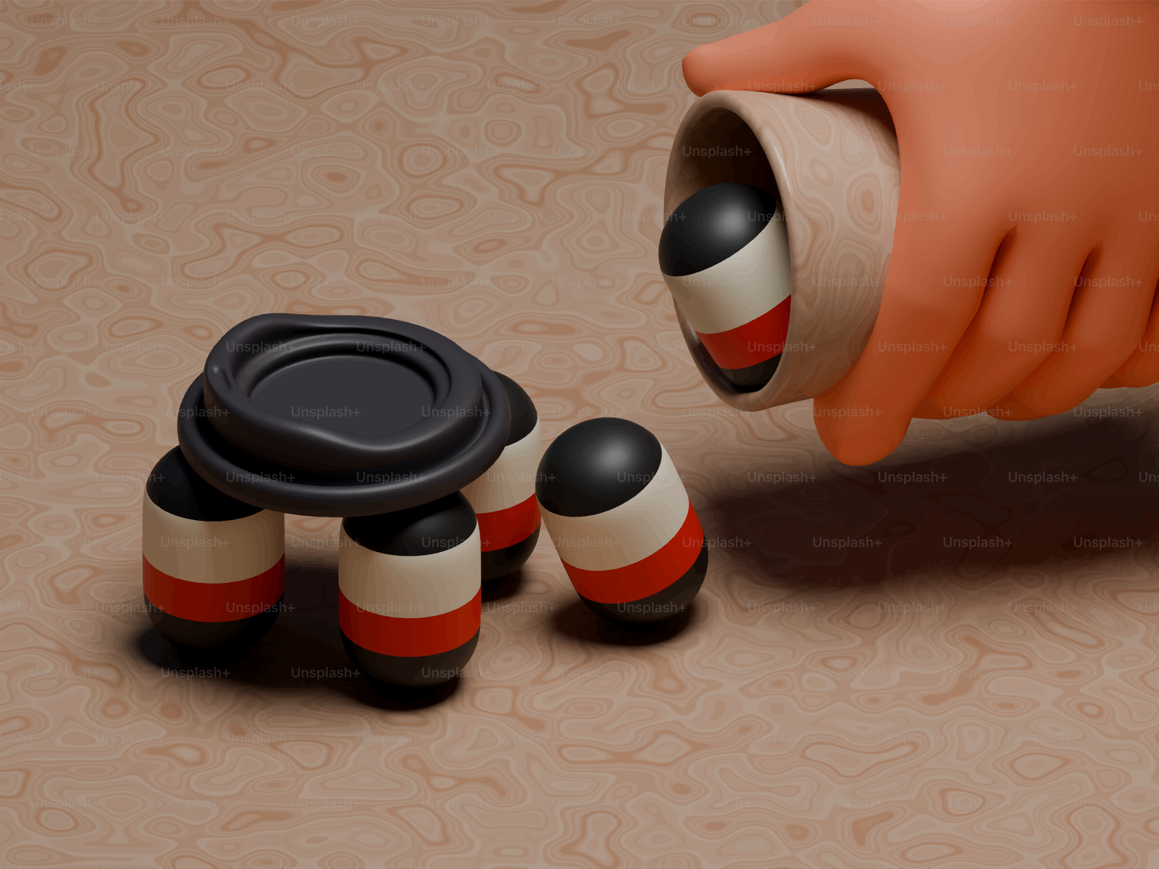 A hand places a striped ball into a small container.